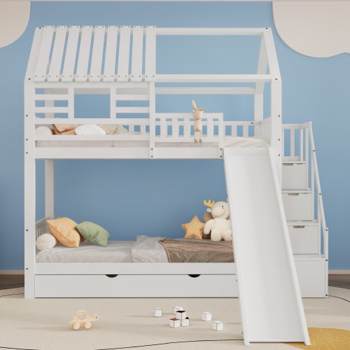 Cama infantil con escalera y tobogán, cama en forma de casa