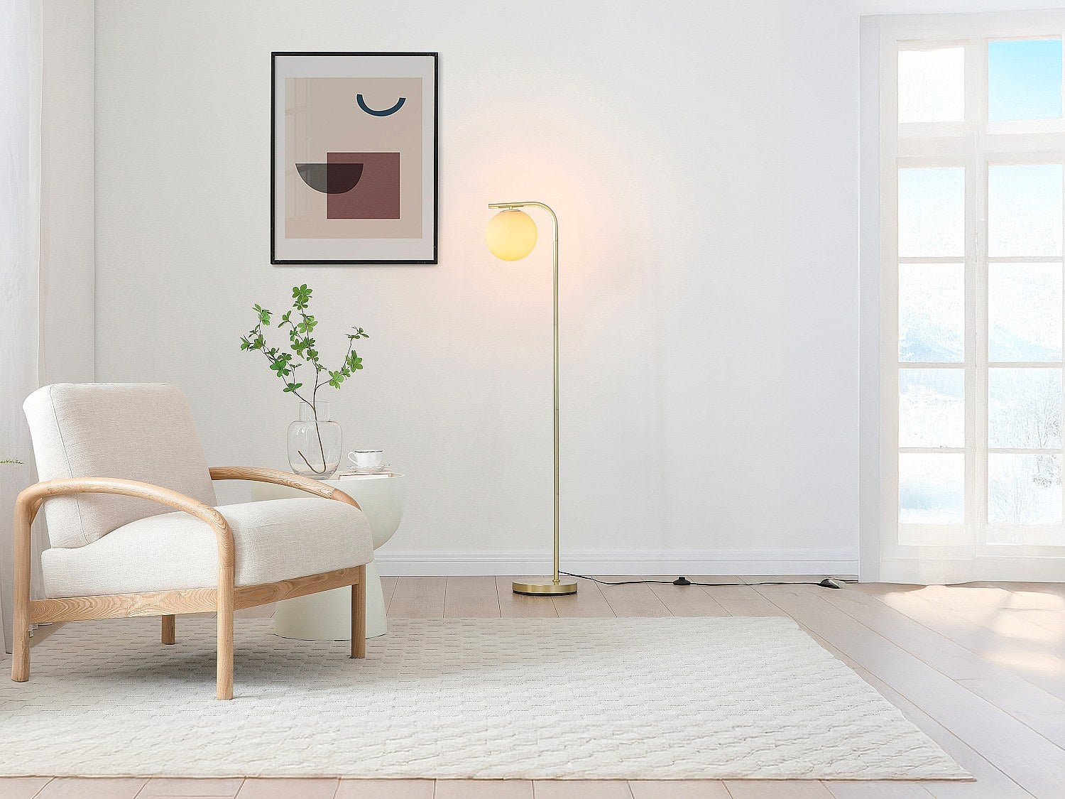 Lampa stojąca z polerowanego mosiądzu i białego szkła - śr.28 x wys.150 cm - Złota - SOFIA
