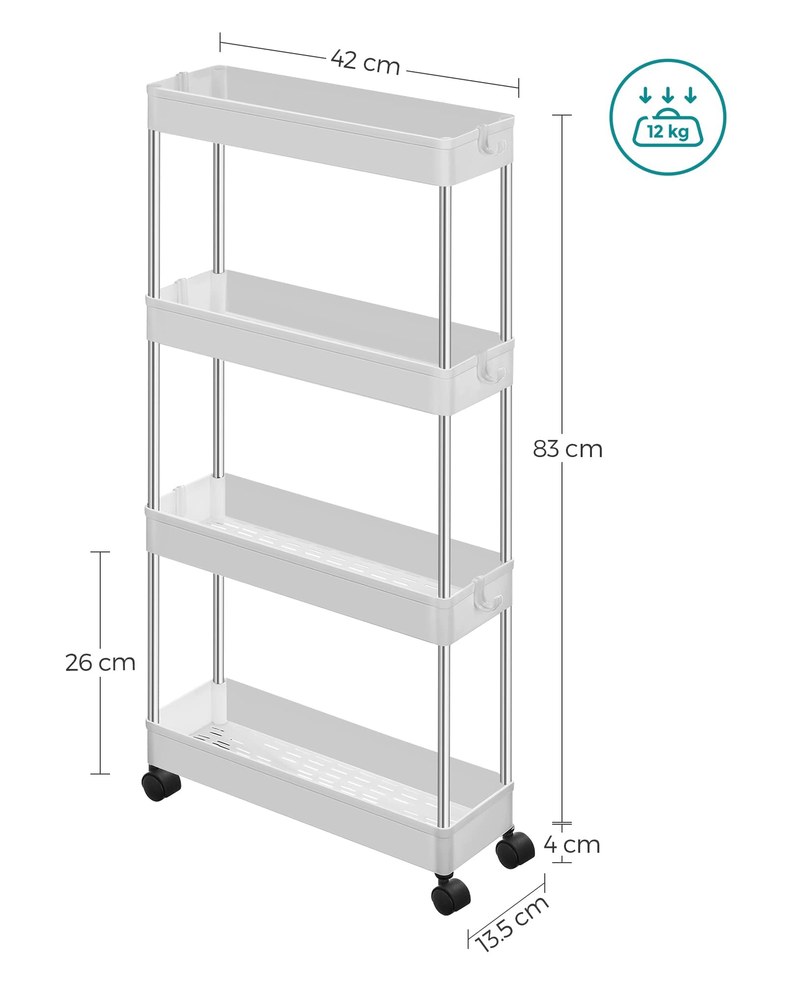 Desserte à roulettes, Chariot de Rangement, Étagère Roulante, 4 Niveaux, Gain de Place, pour Salle de Bain, Cuisine, Bureau, 40 x 13,5 x 86 cm, Blanc - 7