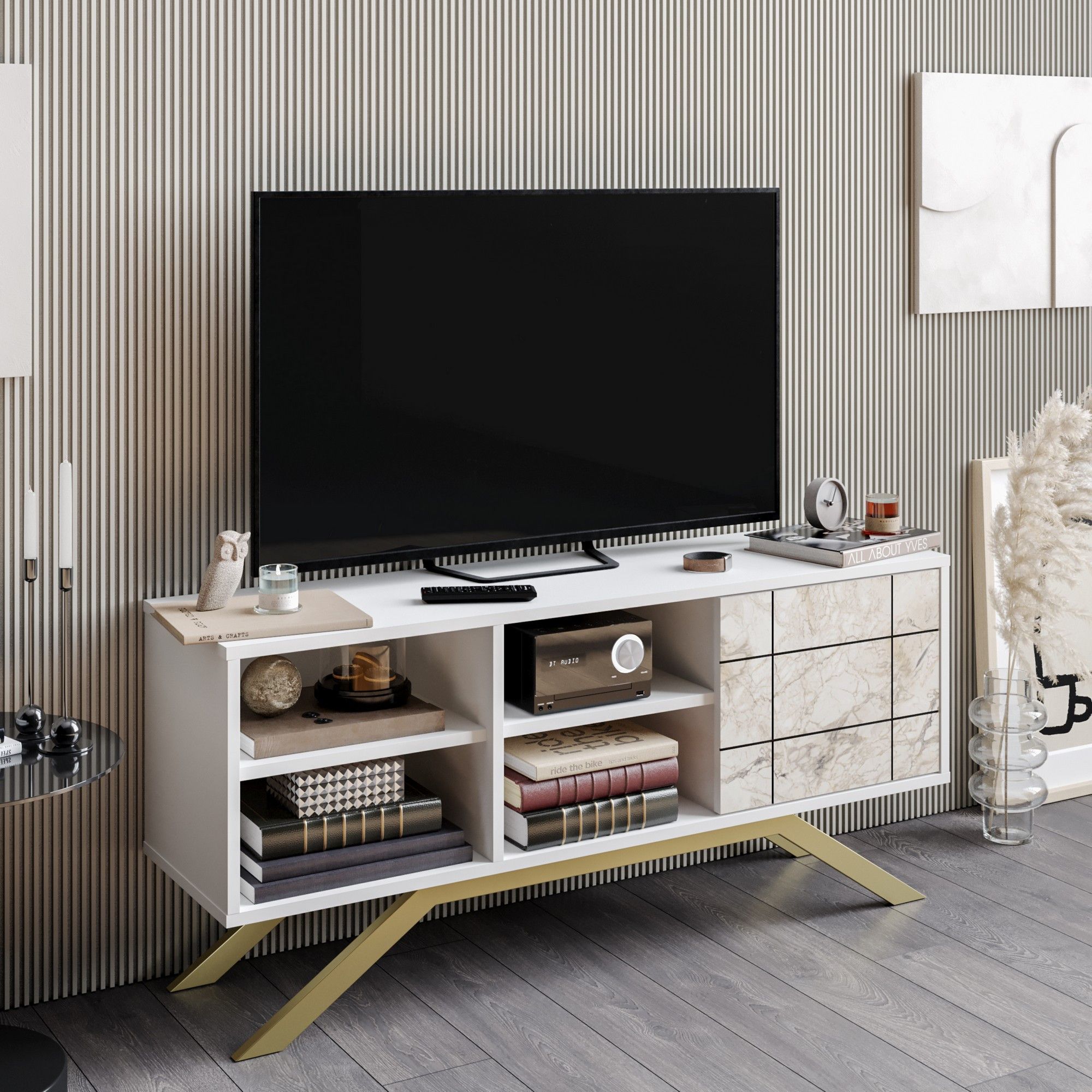 Meuble TV design Saxum 130cm Métal Or et Bois effet marbre et Blanc ...