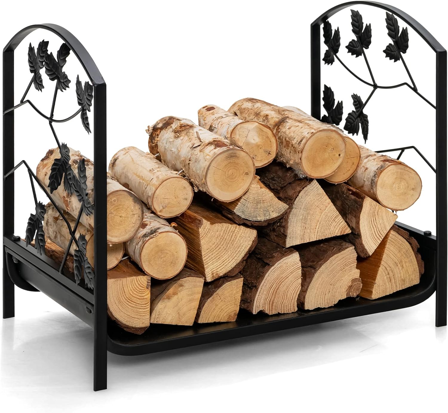 Ozdobny Stojak na Drewno Opałowe, Bardzo Wytrzymały Stojak ze Stali z Podwyższonymi Nóżkami, Eleganckie Motywy Liści, Nośność 50 kg