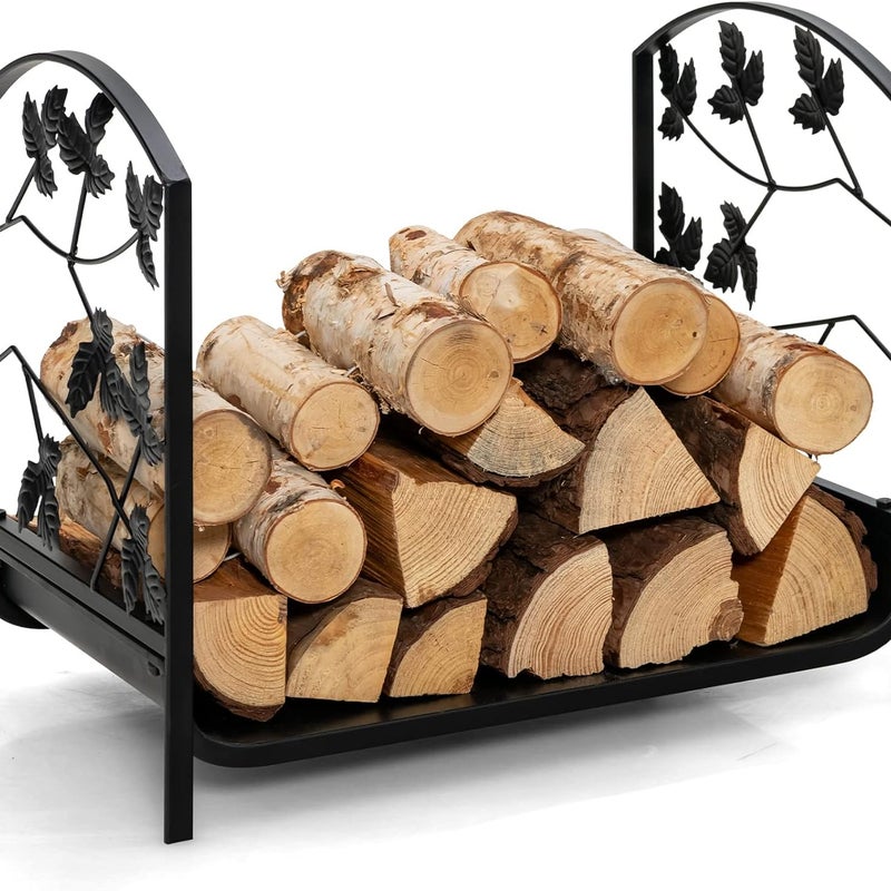 Ozdobny Stojak na Drewno Opałowe, Bardzo Wytrzymały Stojak ze Stali z Podwyższonymi Nóżkami, Eleganckie Motywy Liści, Nośność 50 kg