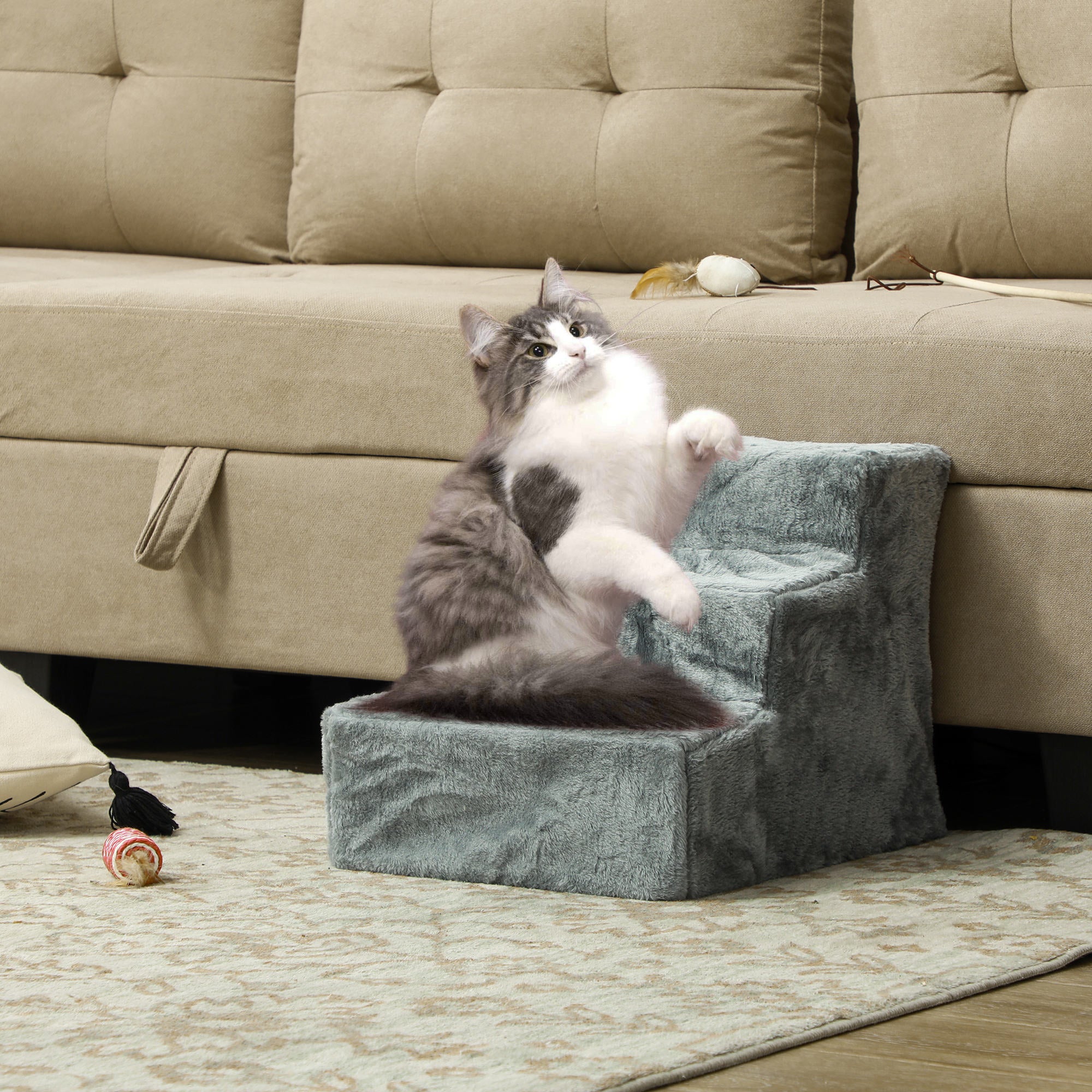 Escalera para Mascotas PawHut Melamina de Madera, Terciopelo Gris Claro 46x35x35 cm - 3