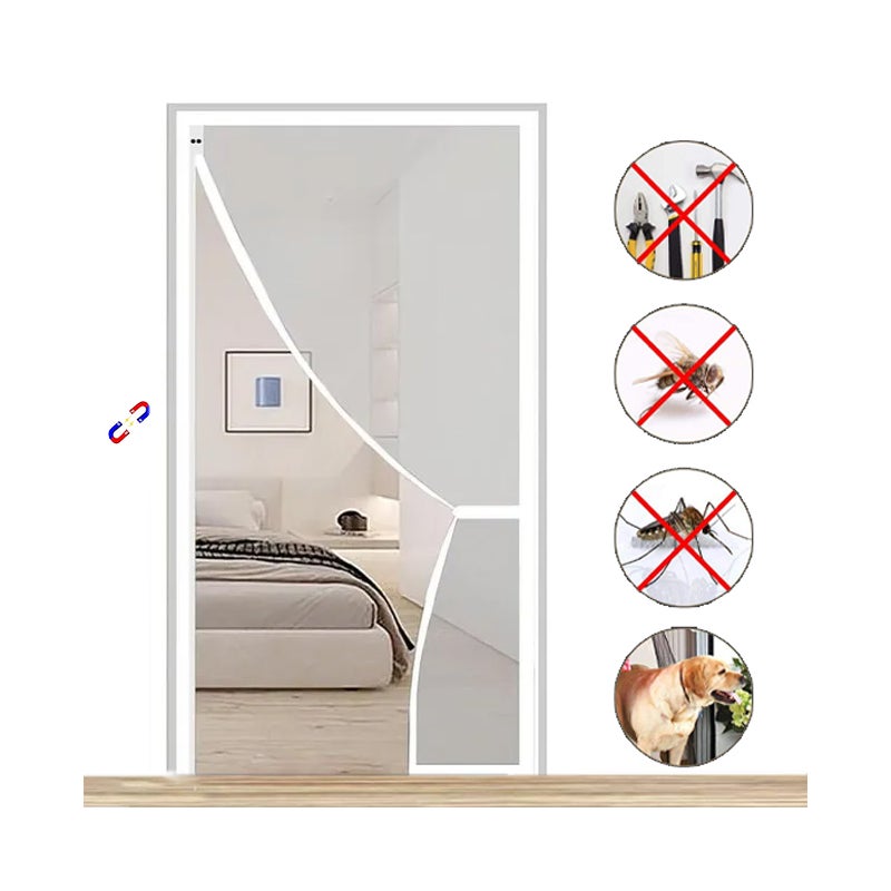 Zasłona drzwiowa przeciw owadom z magnesami i paskami samoprzylepnymi, magnetyczna moskitiera na drzwi, biała, 100 cm x 220 cm