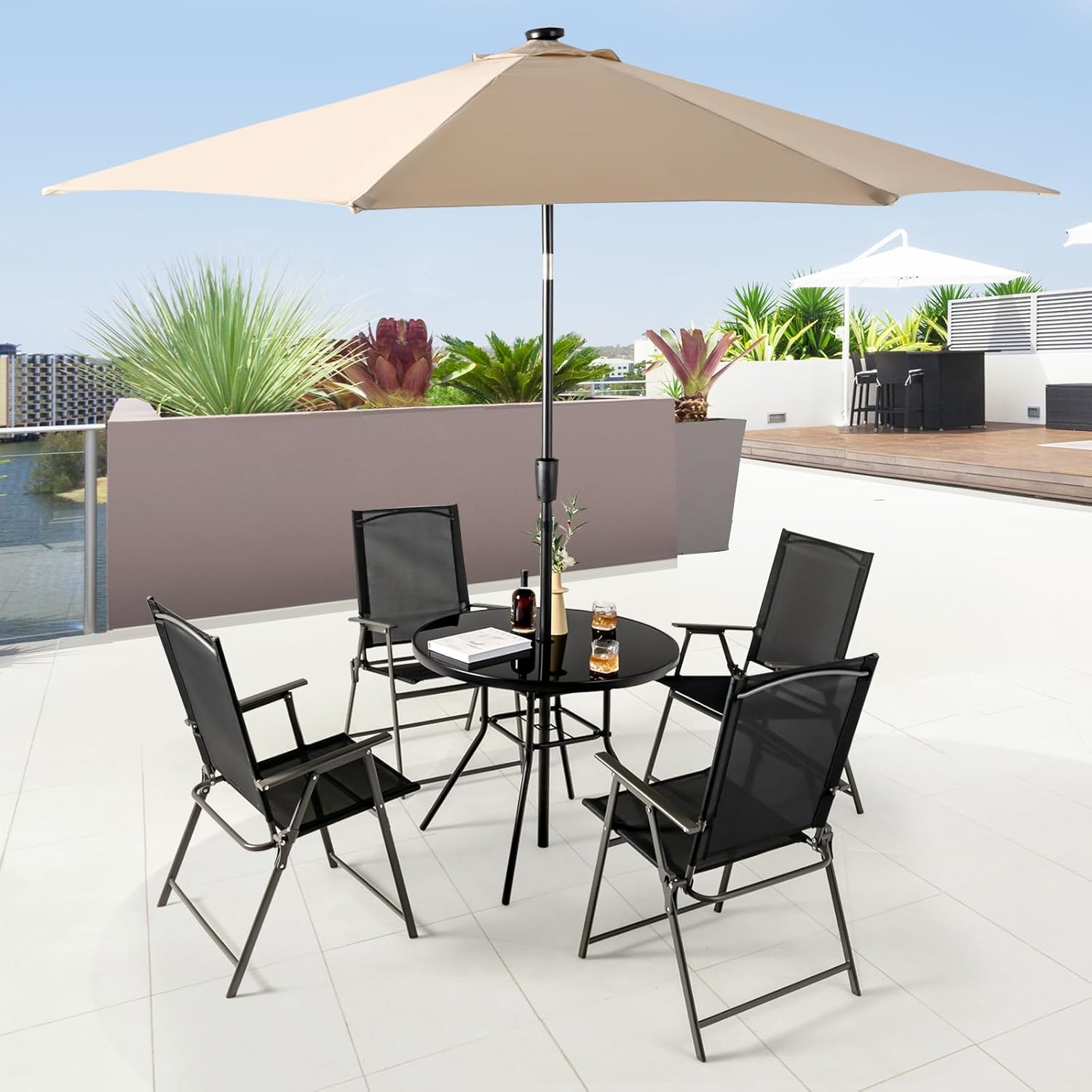 GIANTEX Tavolo Rotondo Da Giardino Con Piano In Vetro Temperato 70x70 Cm - Foro Per Ombrellone 4 Cm, Gambe In Metallo, Per Balcone E Patio