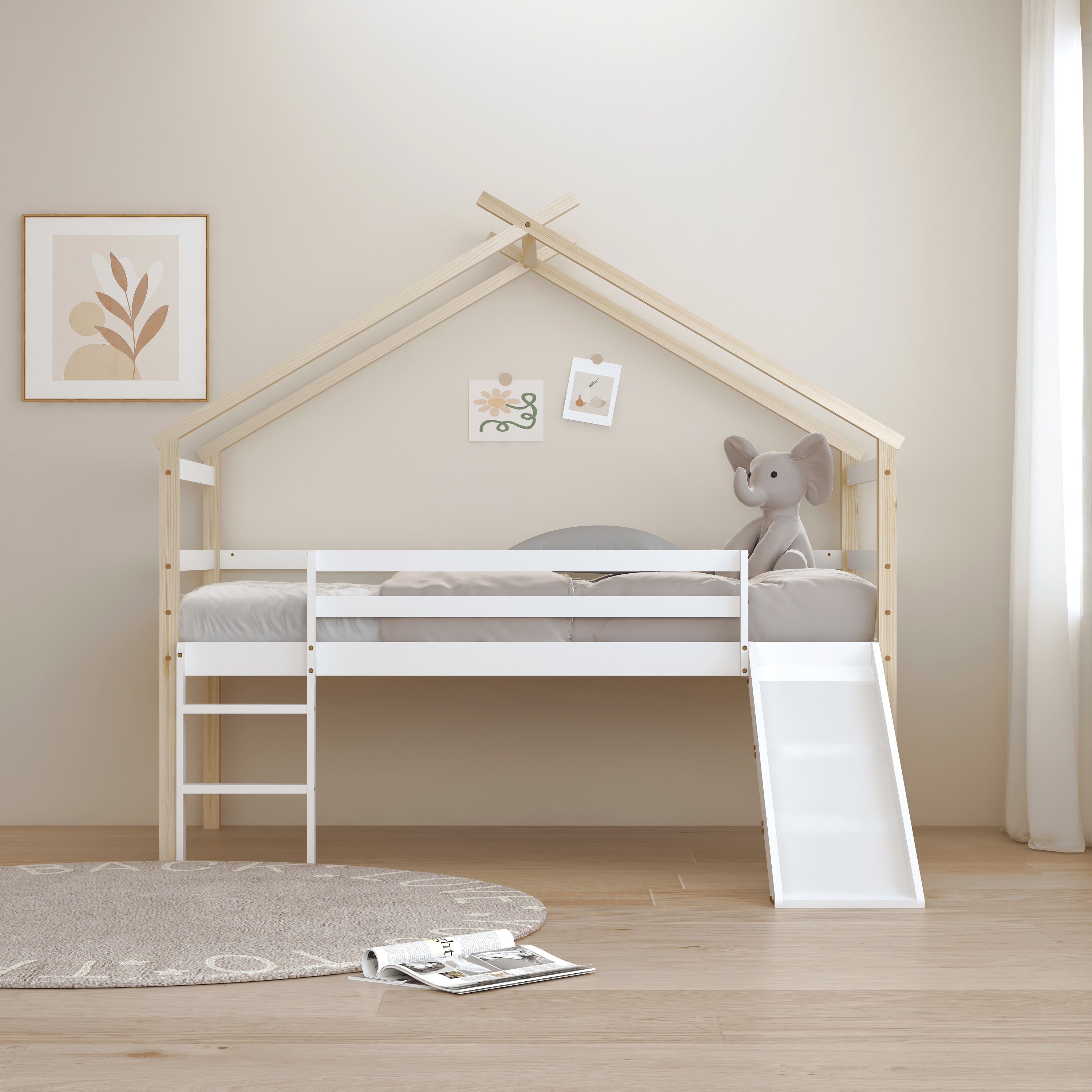 Sunny River Lit Cabane Avec Toboggan en Bois, Beige/Blanc | Lit Enfant Mi-haut , Lit Montessori - Sans Matelas - 213 X 186 X 183 Cm | - 3