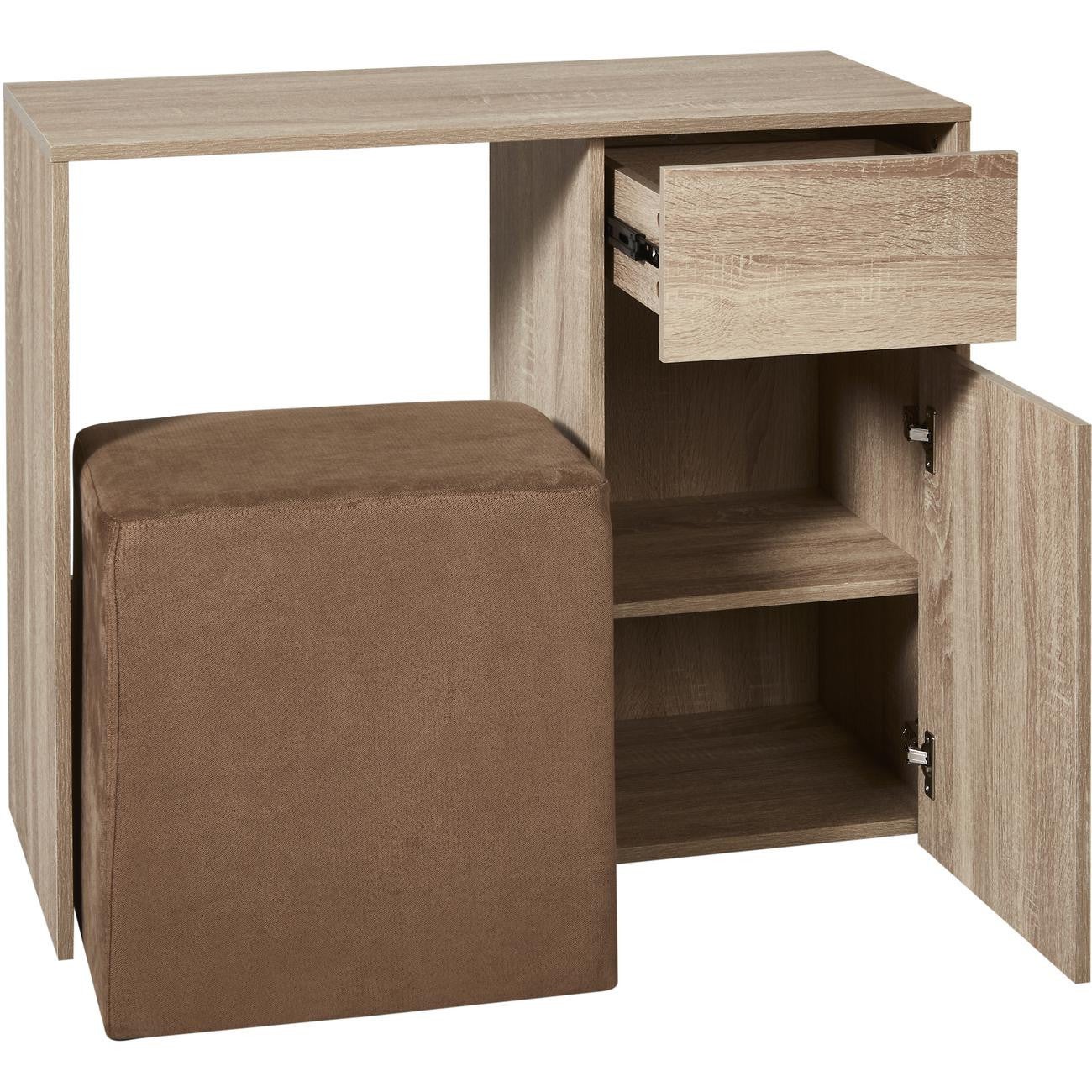 Bureau bois MDF 1 tiroir 1 porte + 1 pouf tissu Taupe - L 90 x P 40 x H 75 cm - ALICE - 6
