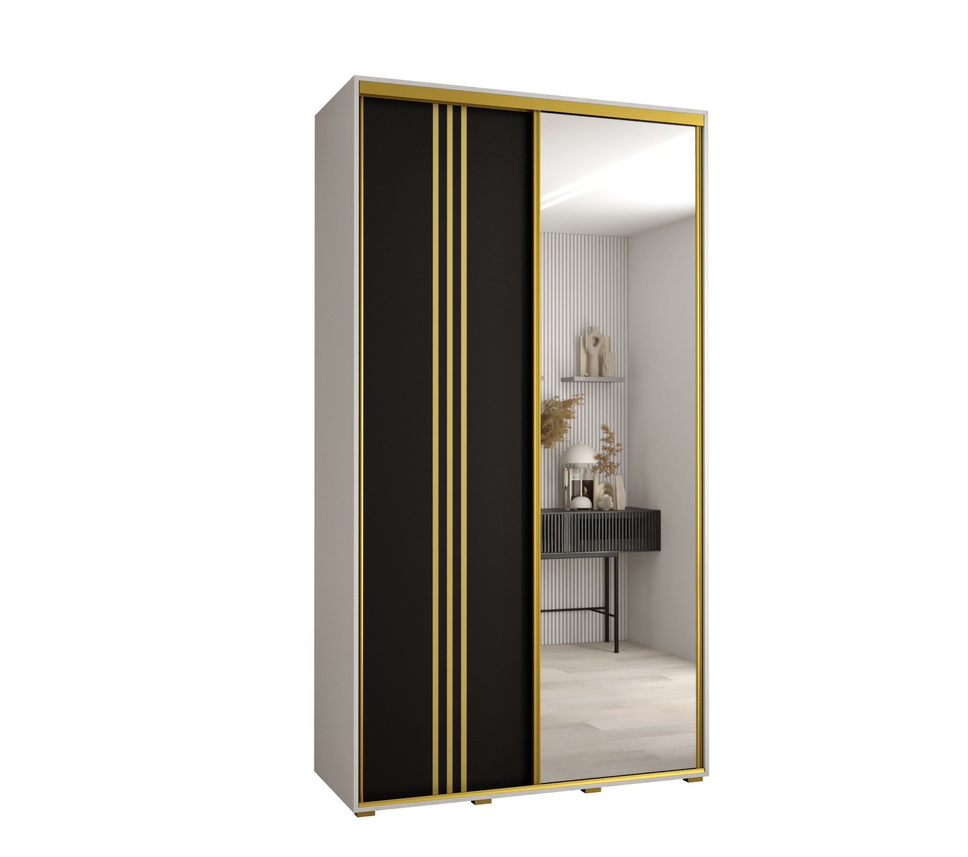 Szafa przesuwna z lustrem wysoka Davos 7 130 x 45 x 235,2 cm biały + czarny + u. złoty - Abiks Meble