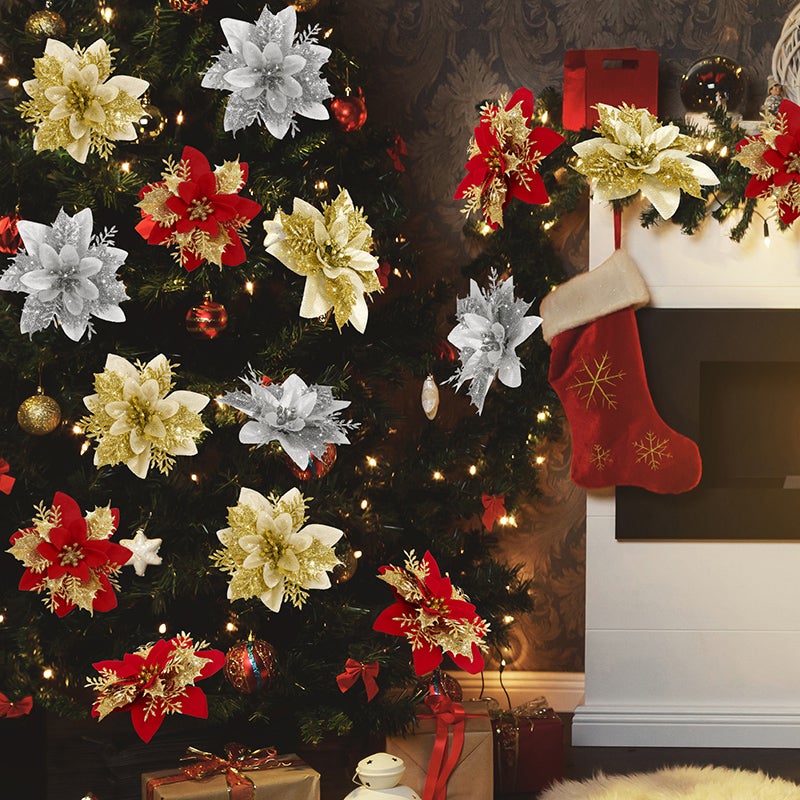 Lot de 15 décorations de Noël, fleurs artificielles scintillantes avec clips, décorations pour sapin de Noël, pendentifs de fleurs artificielles - 8
