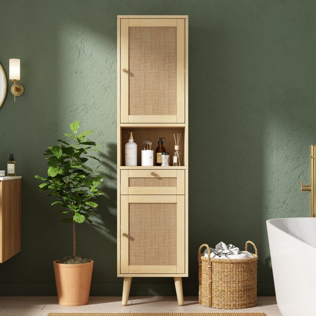 Colonne salle de bain 40x30x166 cm, meuble sur pied avec tiroir et portes réversibles en rotin, couleur bois naturel