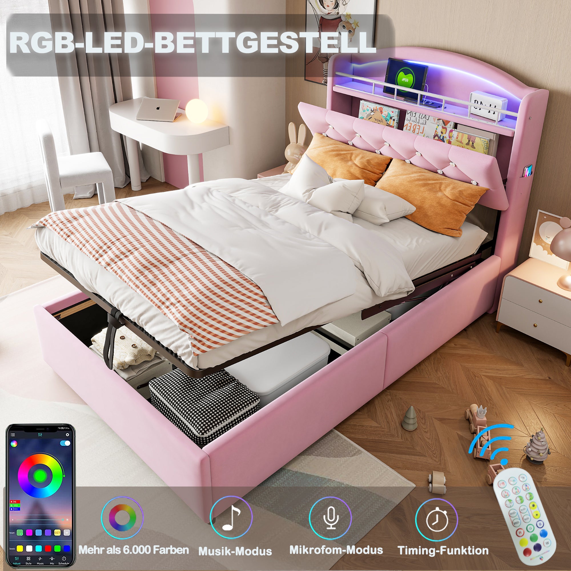 Lit rembourré 90x200 cm,Lit Enfant avec lumière LED et USB,avec Espace de Rangement,Lit Simple multifonctionnel,Velours,Rose (Matelas Non Inclus) - 2
