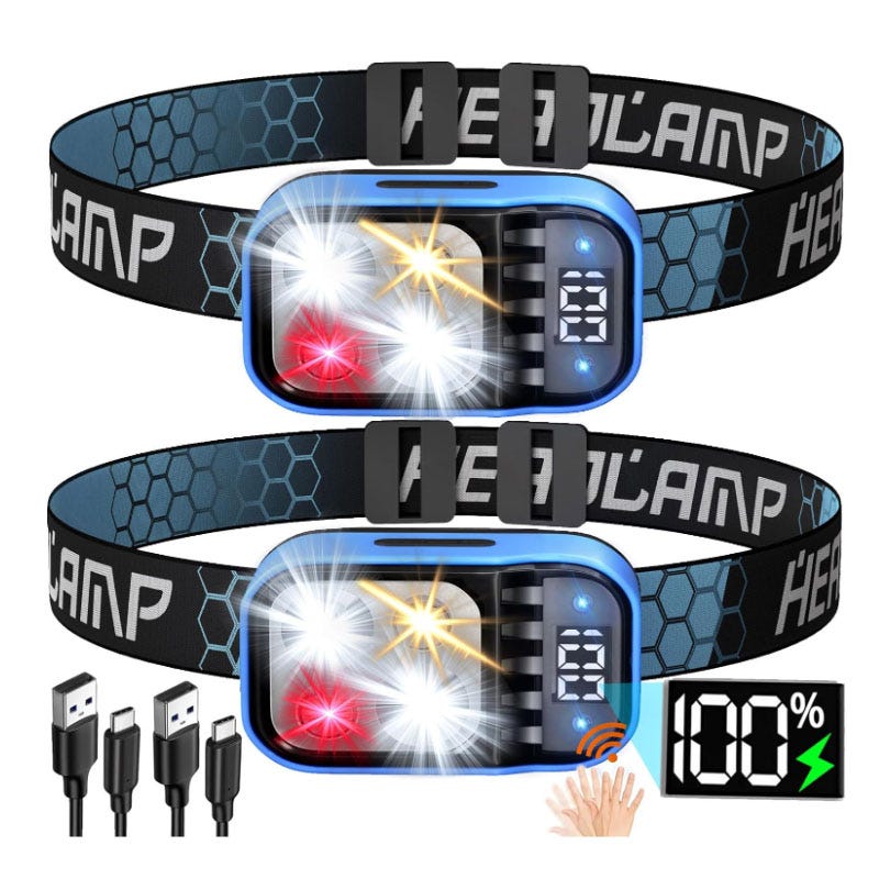 Lampe Frontale LED Rechargeable Ultra Puissante 2000 Lumens – Lot De 2, 10 Modes, Capteur Main, IPX5 Pour Sport & Camping