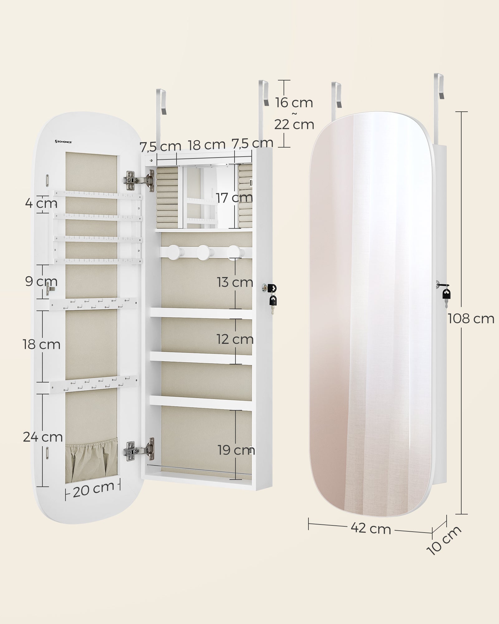 Armoire à Bijoux, Miroir Mural avec LED et Serrure, Surface Blanche et Doublure Grise Beige - 5