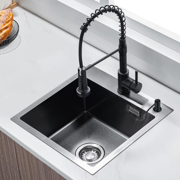 VBChome Fregadero De Granito Gris Con Grifería, 70 X 44 Cm, Fregadero Individual, Empotrable, Moteado, Reversible, De Granito, Gris, Con Grifo De Acero Inoxidable Con Caño Extraíble