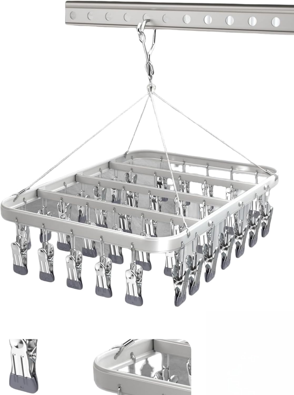 Étendoir à linge en métal avec 44 pinces, crochet coupe-vent, pince à ...
