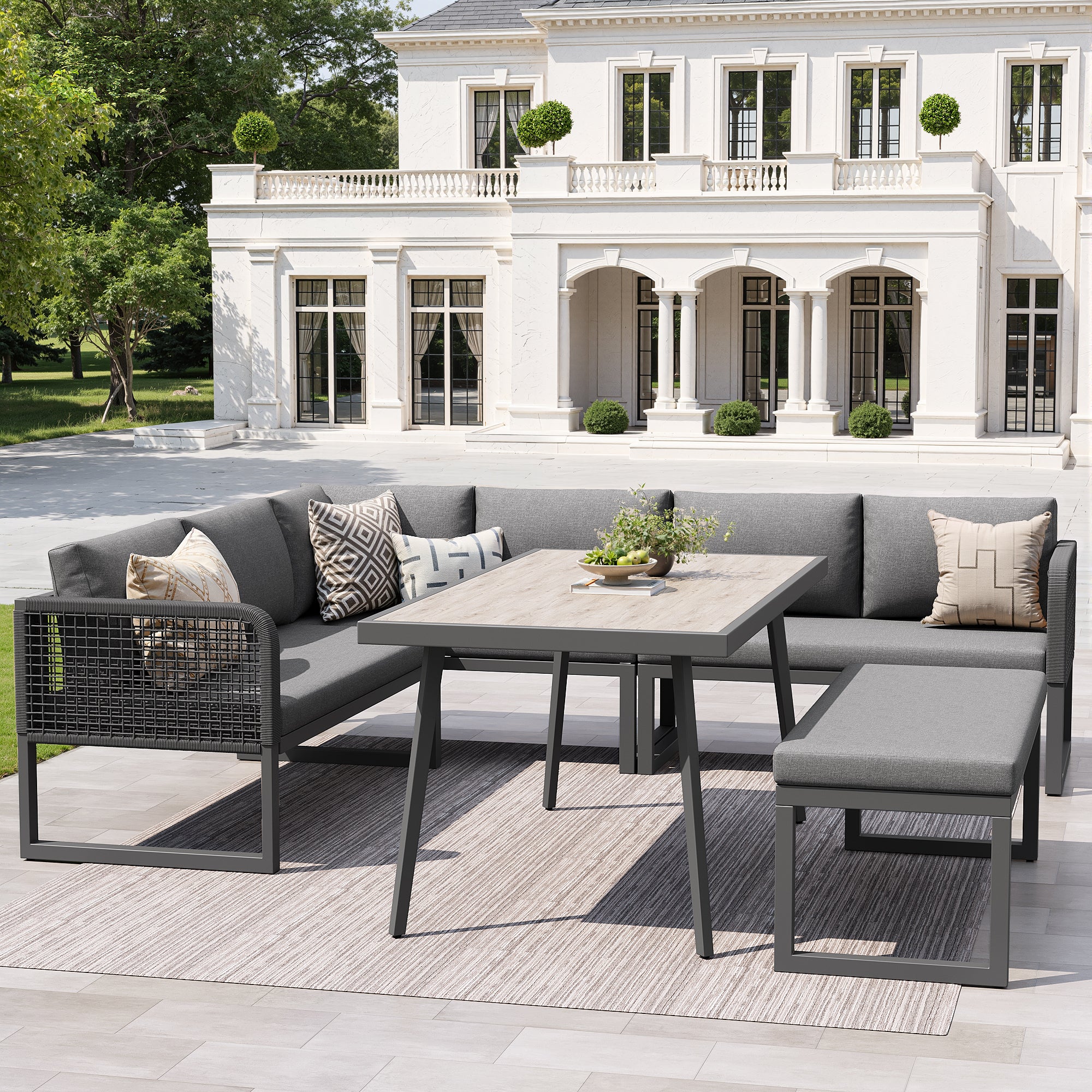 Set di mobili da giardino, set di mobili in rattan PE per 6-8 persone - divano angolare - in ferro zincato - piano del tavolo effetto legno, grigio - 6