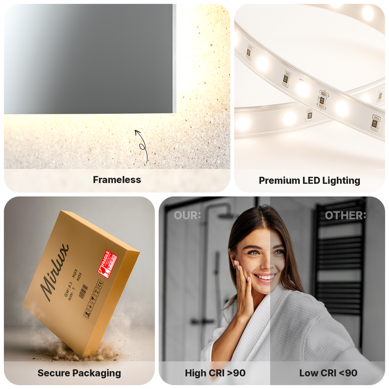 Miroir de salle de bain Mirlux avec éclairage LED et chauffage - Miroir mural rectangulaire - Miroir de douche anti-condensation - 80 x 60 cm - 6