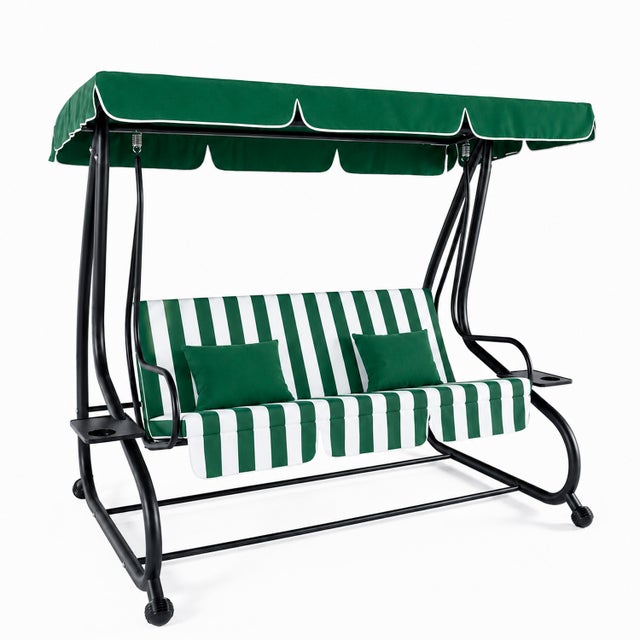 Dondolo 3 Posti Reclinabile Tettuccio Parasole Regolabile Cuscini Imbottiti Diventa Letto Struttura In Acciaio 200 x 120 x 160 cm Verde E Bianco