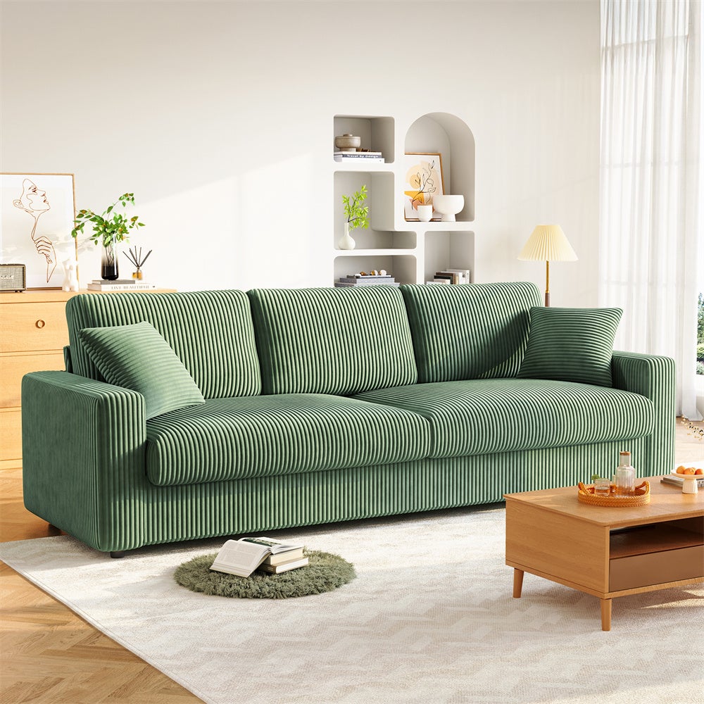 Grand Canapé 3/4 Places en Velours Côtelé Vert avec 2 Oreillers et Coussins,Canapé Modene pour le salon,254×89×88cm - 9