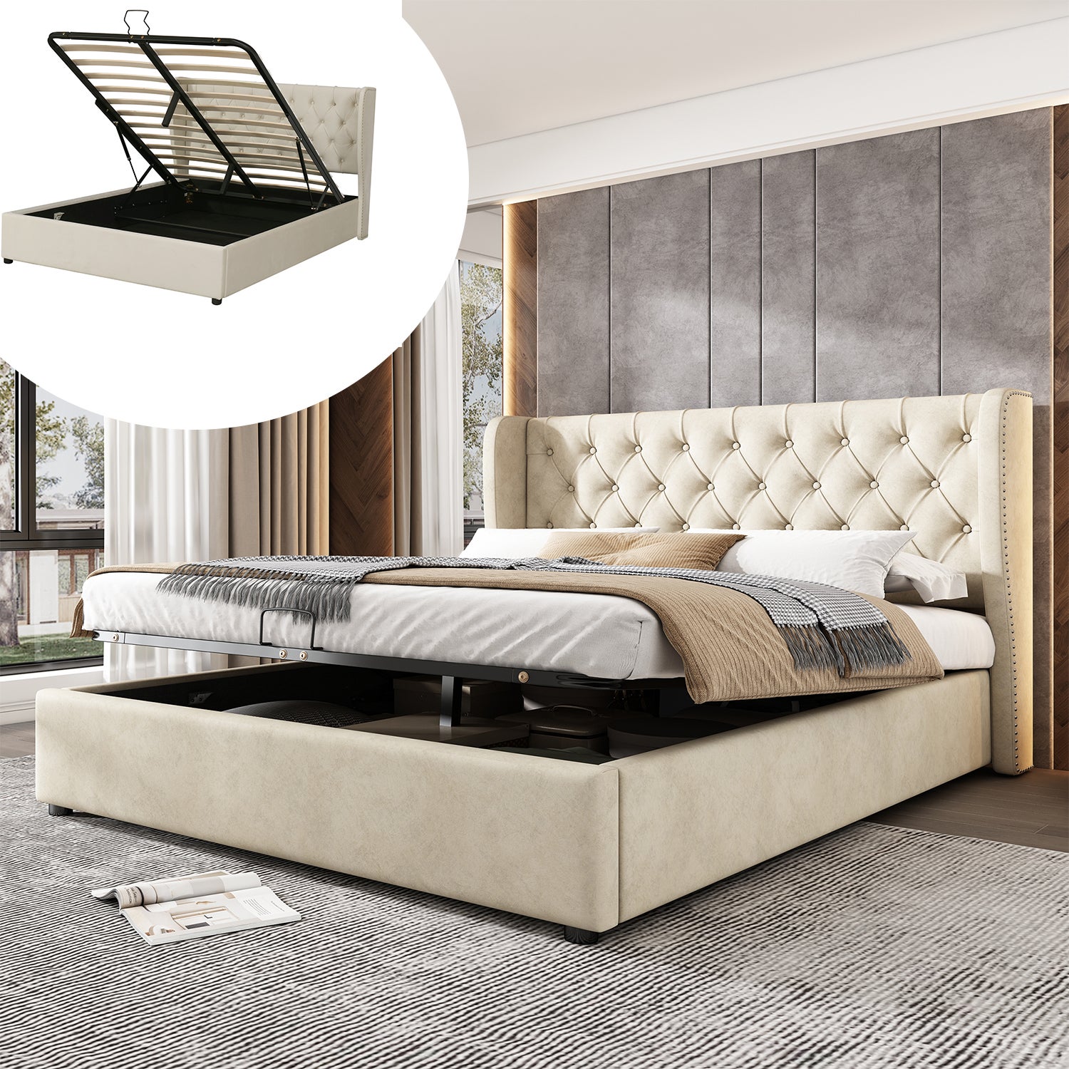 Aksamitne łóżko skrzyniowe 140x190 cm z listwową podstawą - beżowe