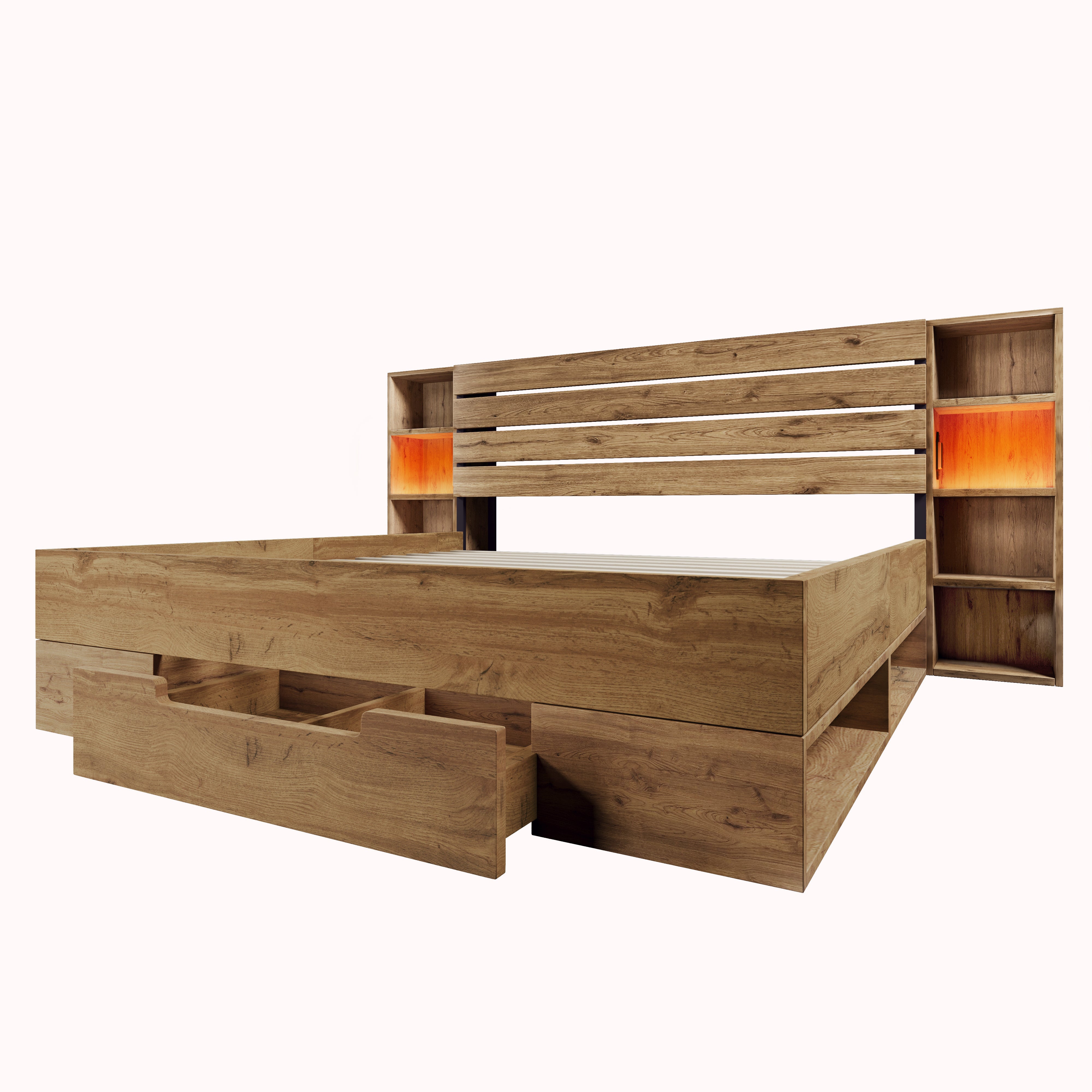 Lit Double 180x200 avec LED et USBC, Lit Industriel avec tête de lit et tiroirs de Rangement, Chêne (Sans Matelas) - 9