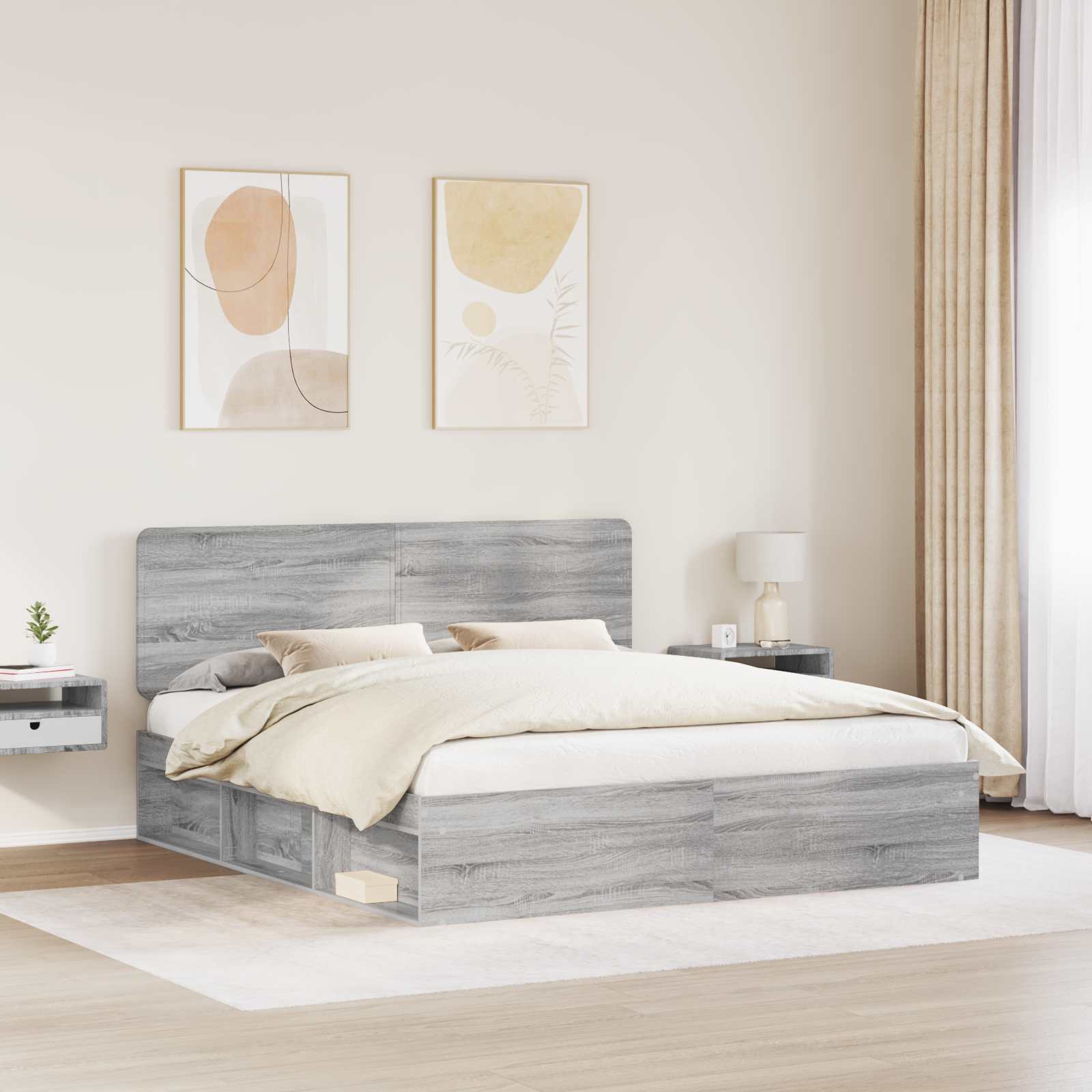 Cadre de lit gris en bois de pin massif pour la chambre, 200 × 200 cm - 3