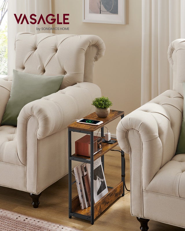 Table d'Appoint Fine avec Multiprise, Table de Chevet à 3 Niveaux, Bout de Canapé, pour Petits Espaces, Marron Rustique et Noir d’Encre - 2