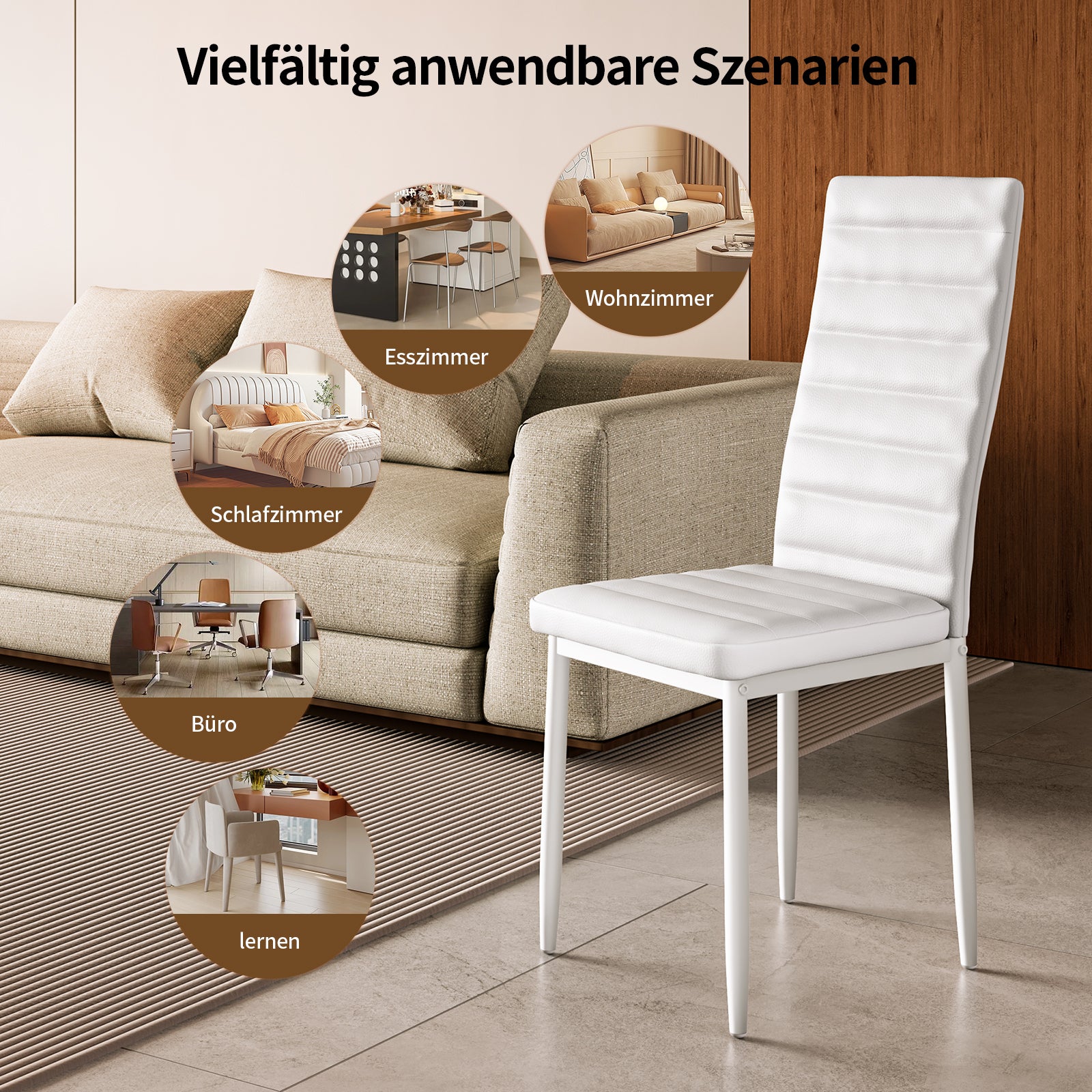 Set di 4 Sedie da Pranzo Moderne con Rivestimento in Pelle PU, Struttura Metallo e Piedini con Gomma Antiscivolo - Bianco per Interni Bealife - 6