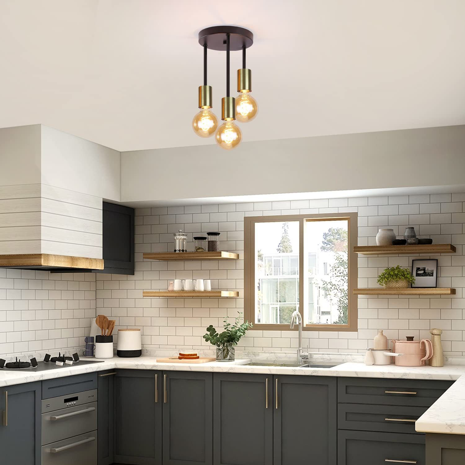 NETTLIFE 3-punktowa lampa wisząca E27 w stylu vintage, czarne złoto, z nowoczesnym żyrandolem industrialnym do kuchni, salonu, baru, maks. 25W - 3