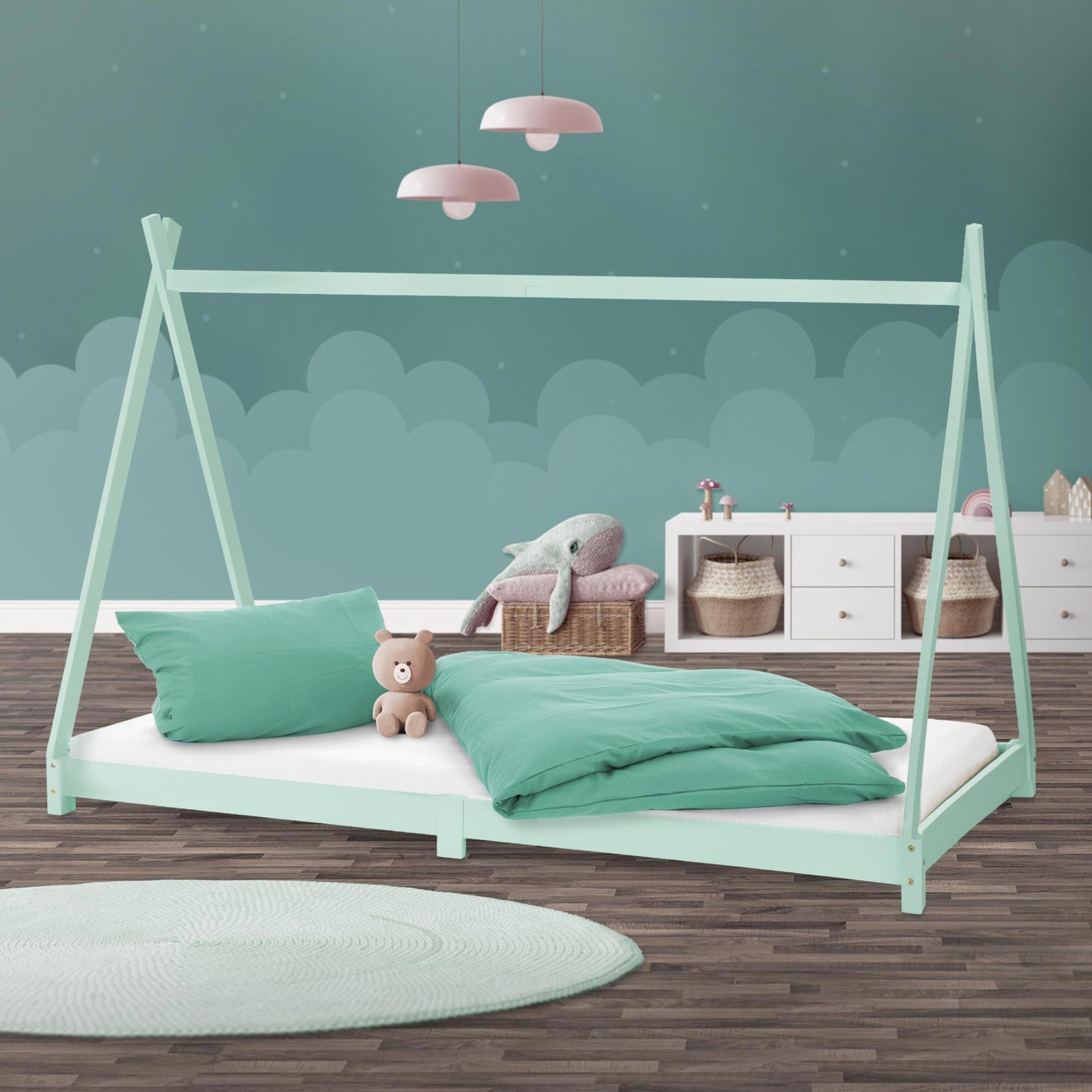 ML-Design łóżko tipi 90x200 cm mietowym z ramą listwową w stylu indianskim wykonane z drewna sosnowego dla chłopców i dziewczynek łóżko młodzieżowe