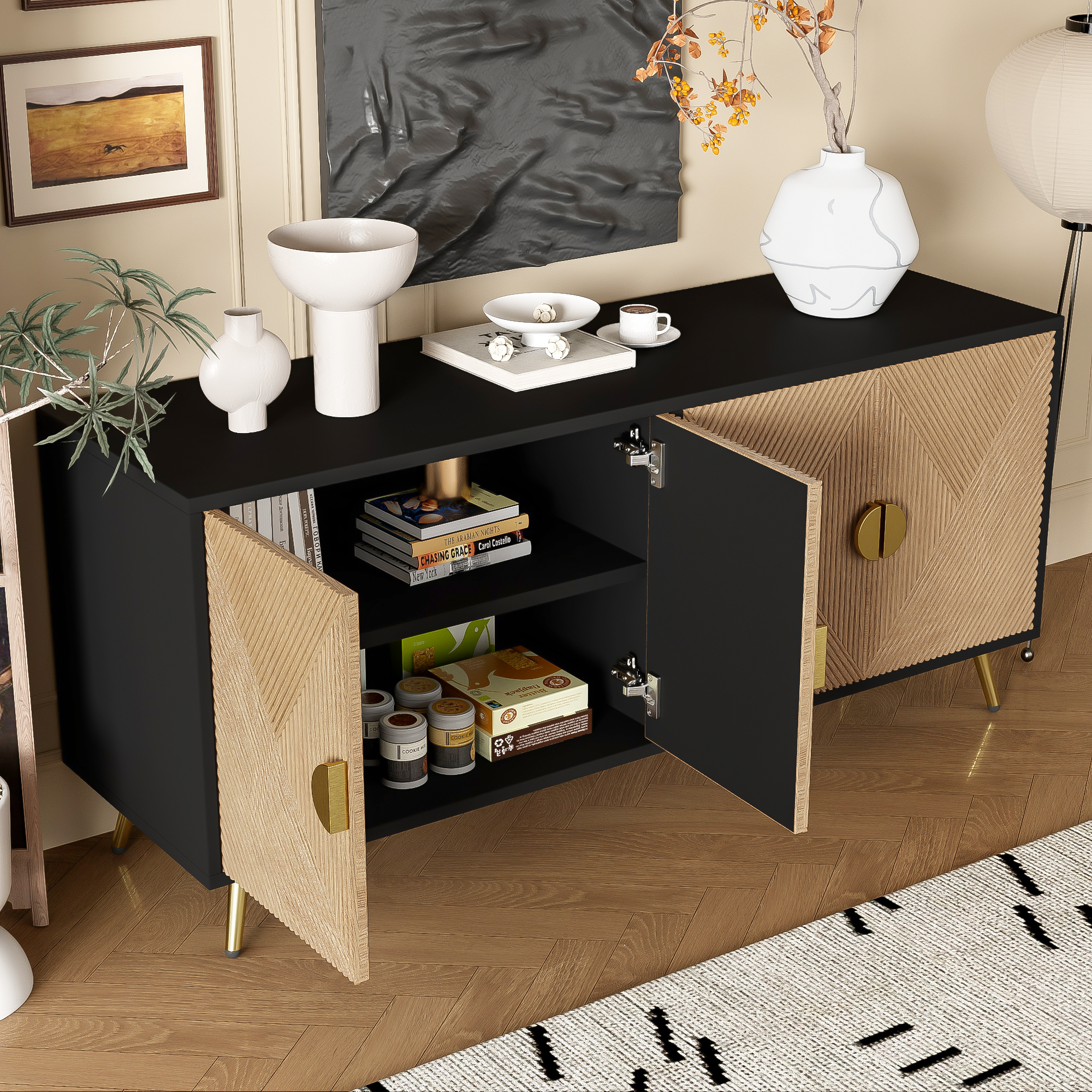 Credenza con 4 ante - 160 x 40 x 75 cm - MDF e pannelli di particelle - Nero e naturale - 3