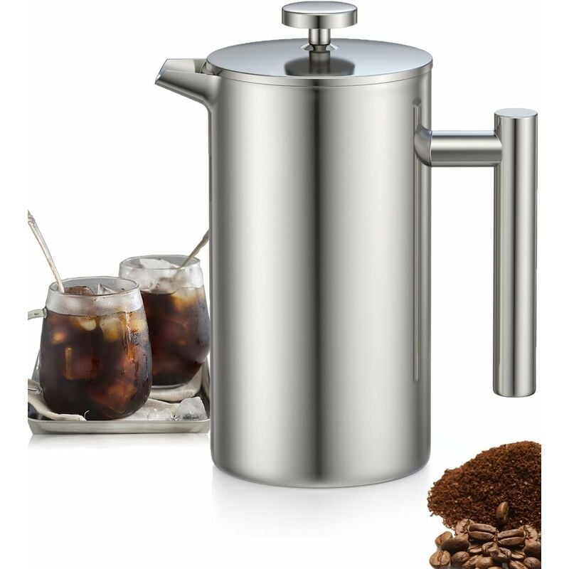 1L stal nierdzewna French Press Coffee Maker, French Press z potrójnym filtrem, French Press z funkcją podtrzymywania ciepła i stalowym tłokiem
