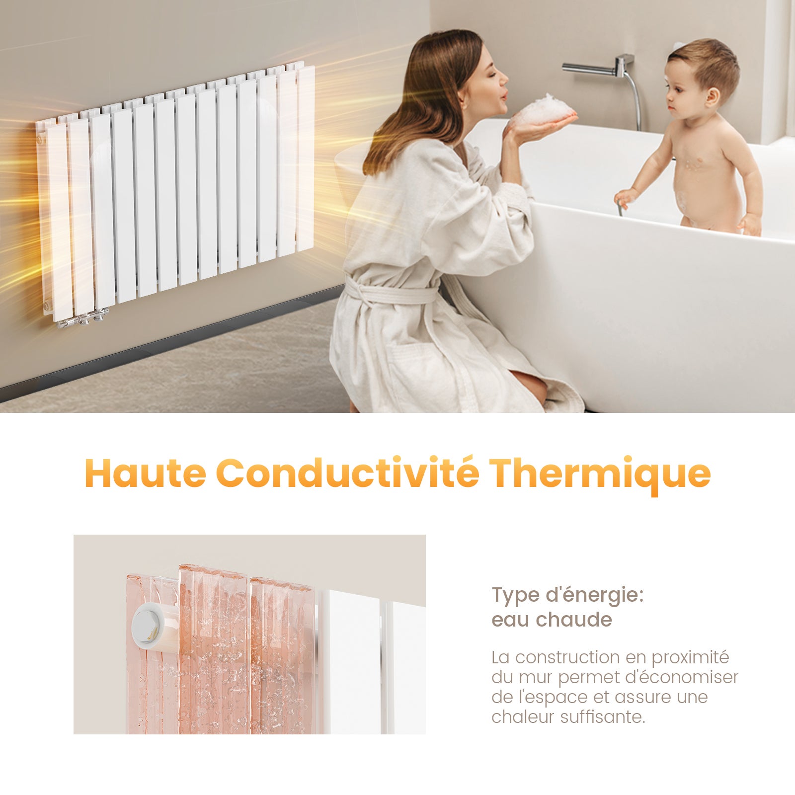 EMKE Radiateur eau chaude en acier Tube Plat Radiateur Mural Blanc 63x100cm 1343W Double Couche - 6