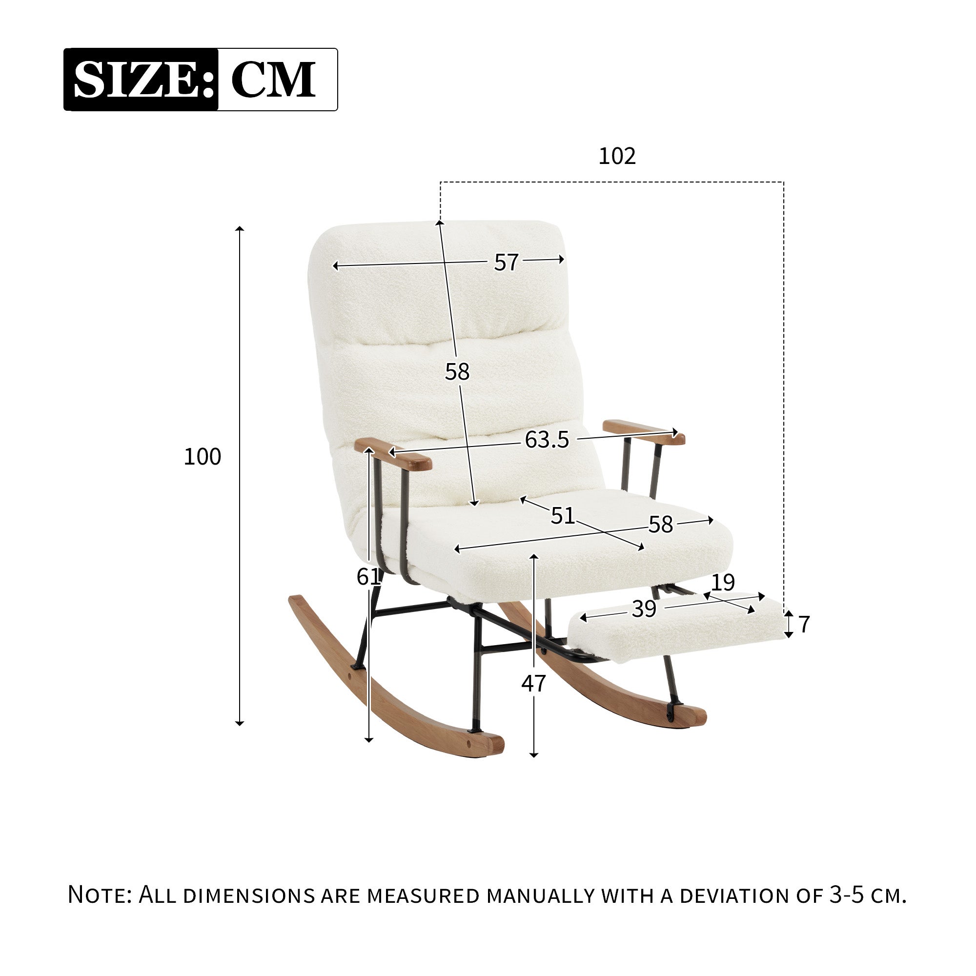 Fauteuil à bascule avec inclinaison et repose-pieds - 58 x 102 x 100 cm - Teddy-Polaire - Blanc - 5