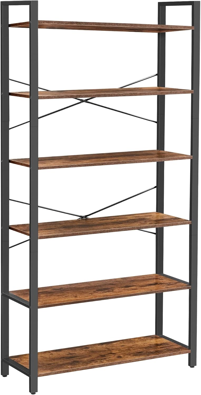 Vasagle Estantería Alta De 6 Niveles, Librería Con Marco De Acero, Para Salón, Oficina, Estudio, 30 X 80 X 186 Cm, Rústico Y Tinta Marrón/Negro , Leroy Merlin