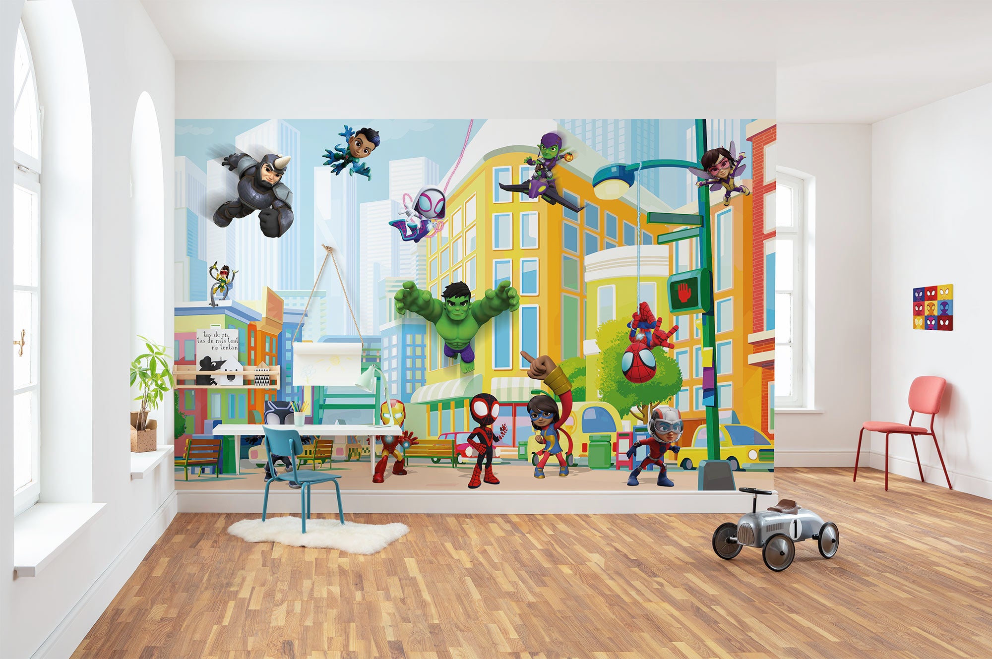 Papel pintado no tejido panorámico de komar - marvel spidey sightseeing tour with friends - talla: 400 x 250 cm