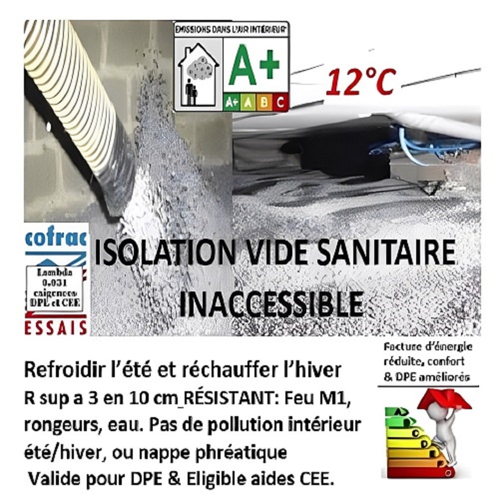 isolant vide sanitaire plancher bas λ 0.031 par labo COFRAC (10 m3) soit 100 m2 en 10 cm R=3 - 4