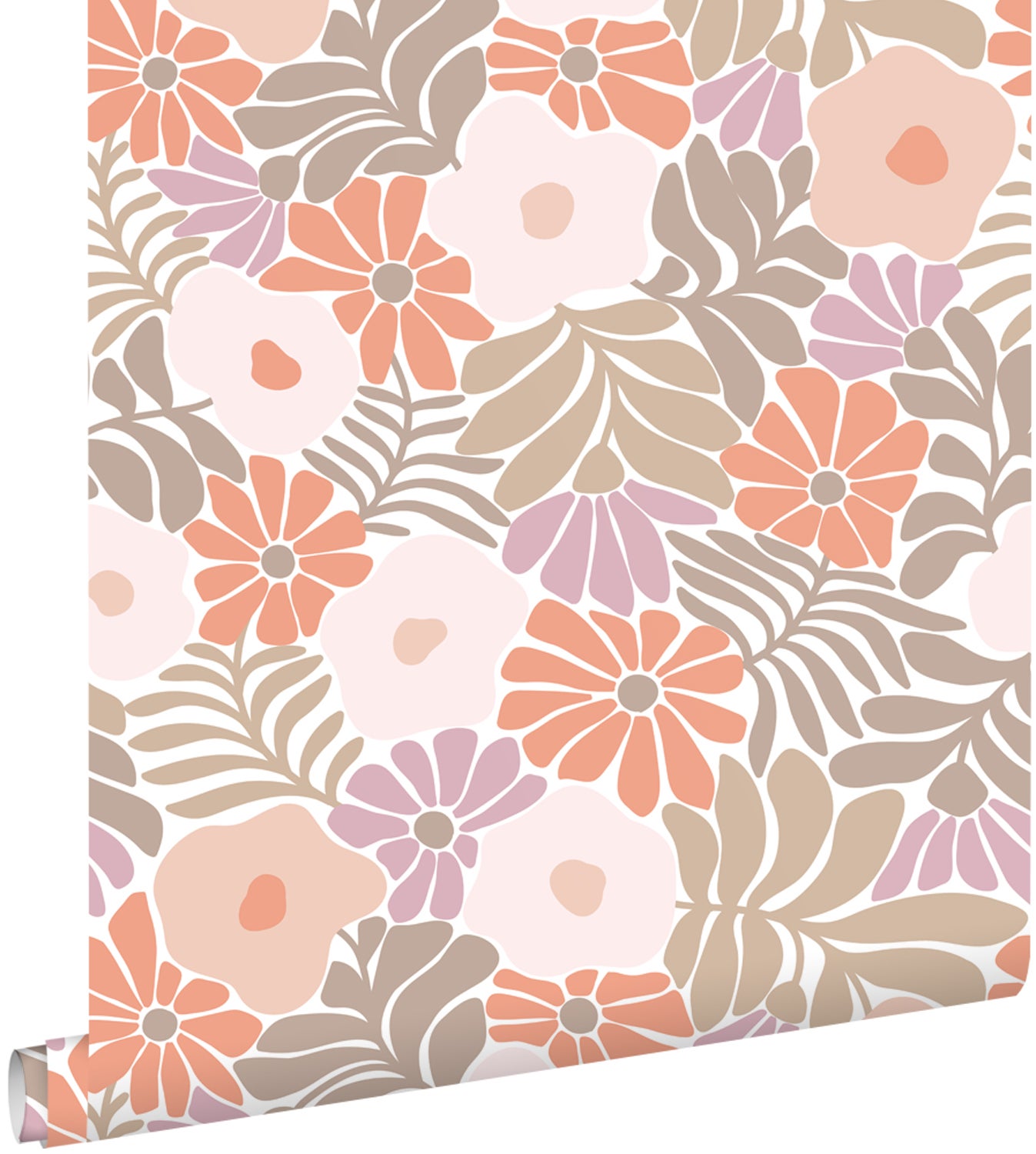 Tapeta kwiaty w stylu Matissa pomarańczowym,fioletowymIjasnego różu - 50 x 900 cm - ESTAHOME
