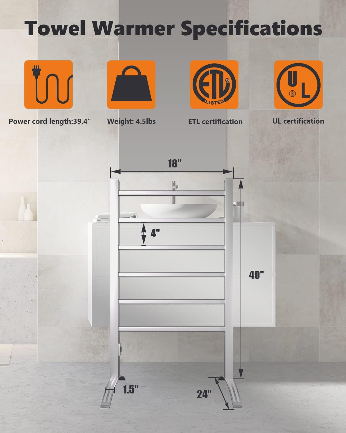 Secador de toalhas elétrico de parede e independente 2 em 1, suporte de parede e suporte de chão, temperatura da superfície 45~50 ℃ - 3