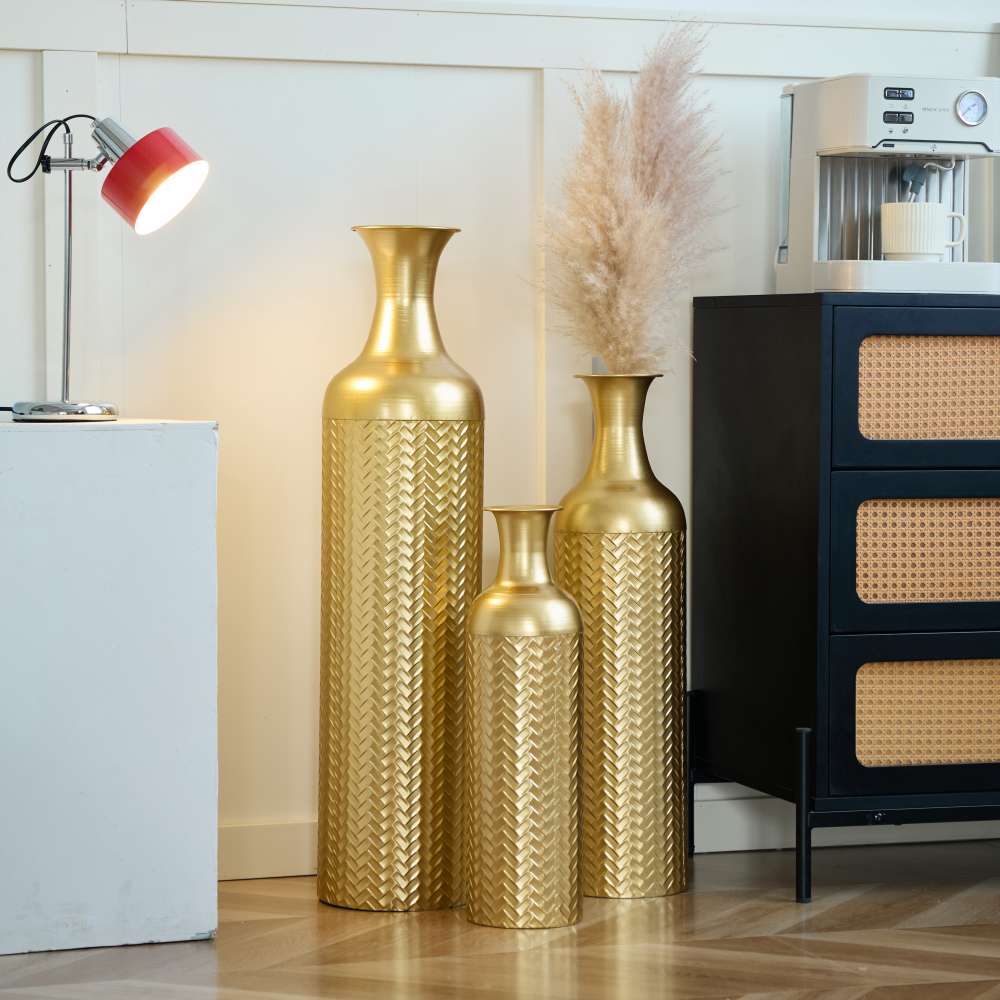 Grand vase métallique sur pied 83/65/50 cm – Set de 3 vases empilables pour fleurs sèches et pampas, décoration élégante salon et chambre - 8