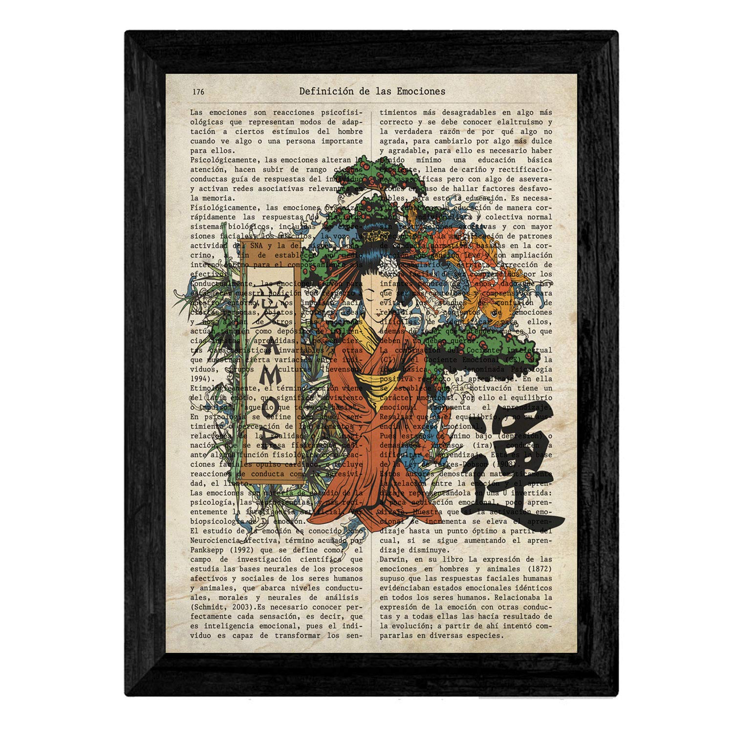 Pack de cuatro láminas vintage japonesas con definiciones lenguaje japones, comunicacion, emociones y libertad marco negro - a4