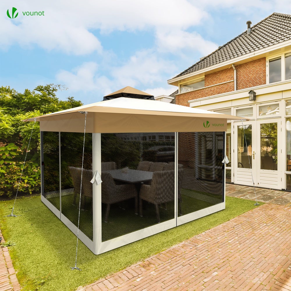 Tonnelle de jardin extérieure 3,6x3,6m pliable avec moustiquaire beige - VOUNOT® - 3
