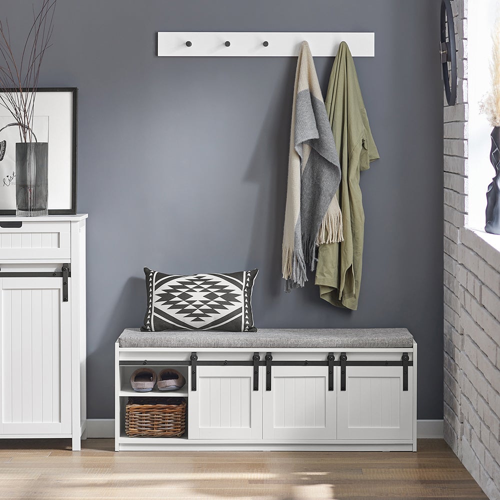 SoBuy Banc à Chaussures avec Coussin, Porte de Grange Coulissante, 8 Paires, Blanc, FSR133-W - 2