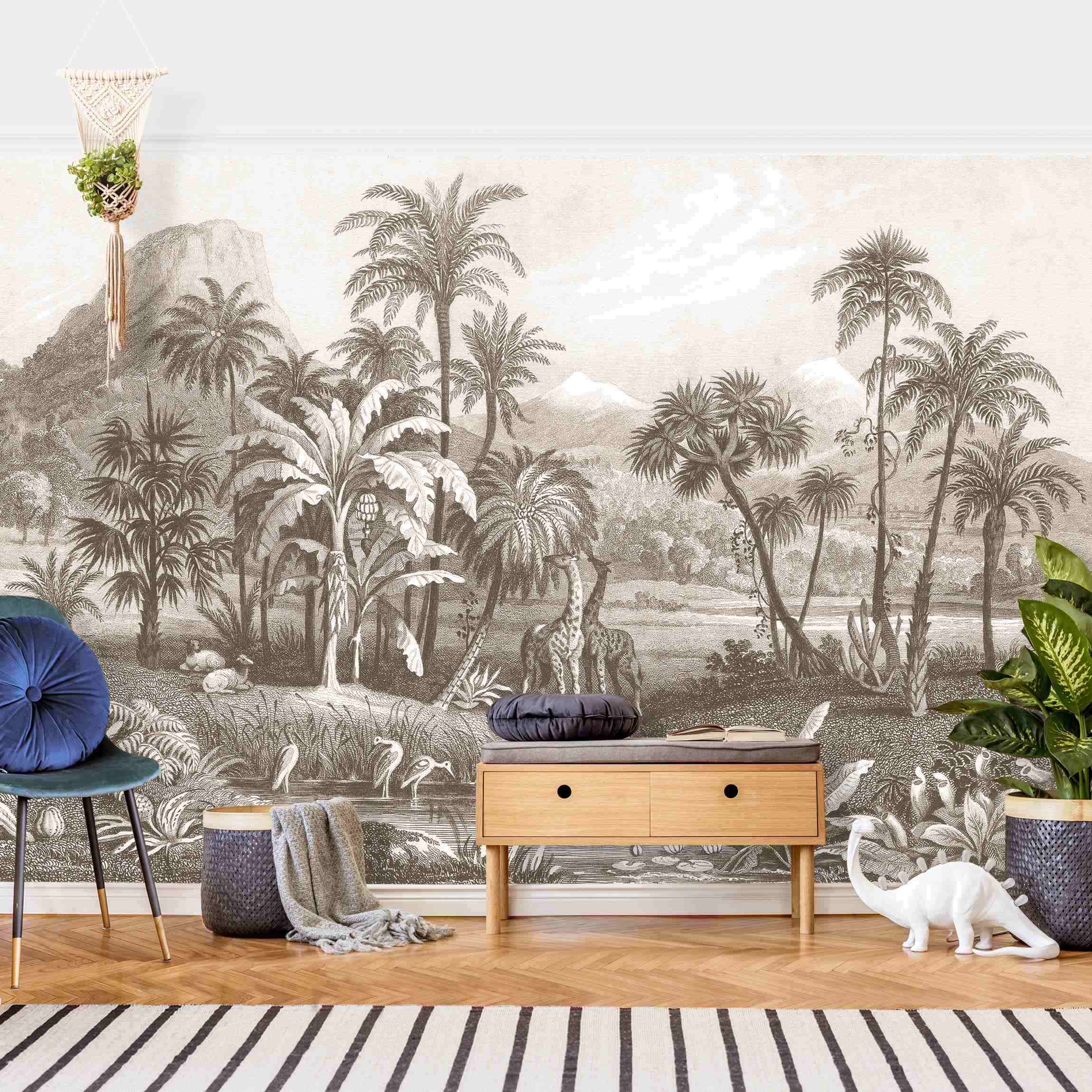 Papel pintado fotomural bosque girafes tropical naturaleza vintage 368 - salón dormitorio cocina pasillo - tnt 432 x 290 cm premium