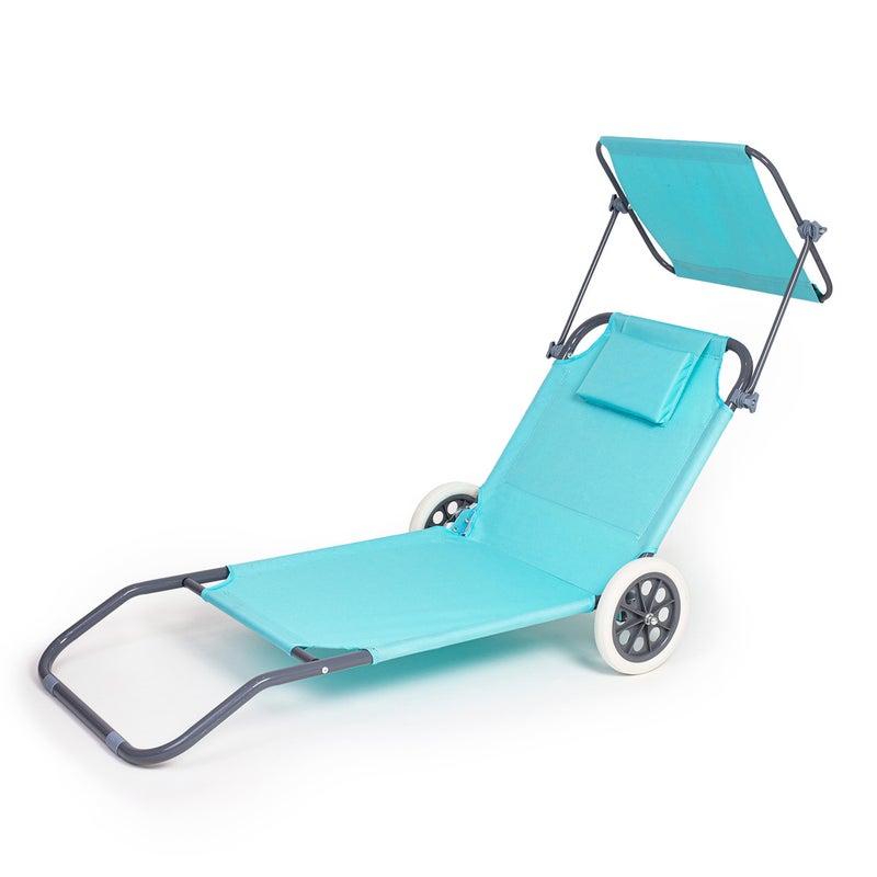 Składany leżak turystyczny plażowy, ogrodowy z daszkiem i kółkami, regulowane oparcie, miętowy Be-active.pl