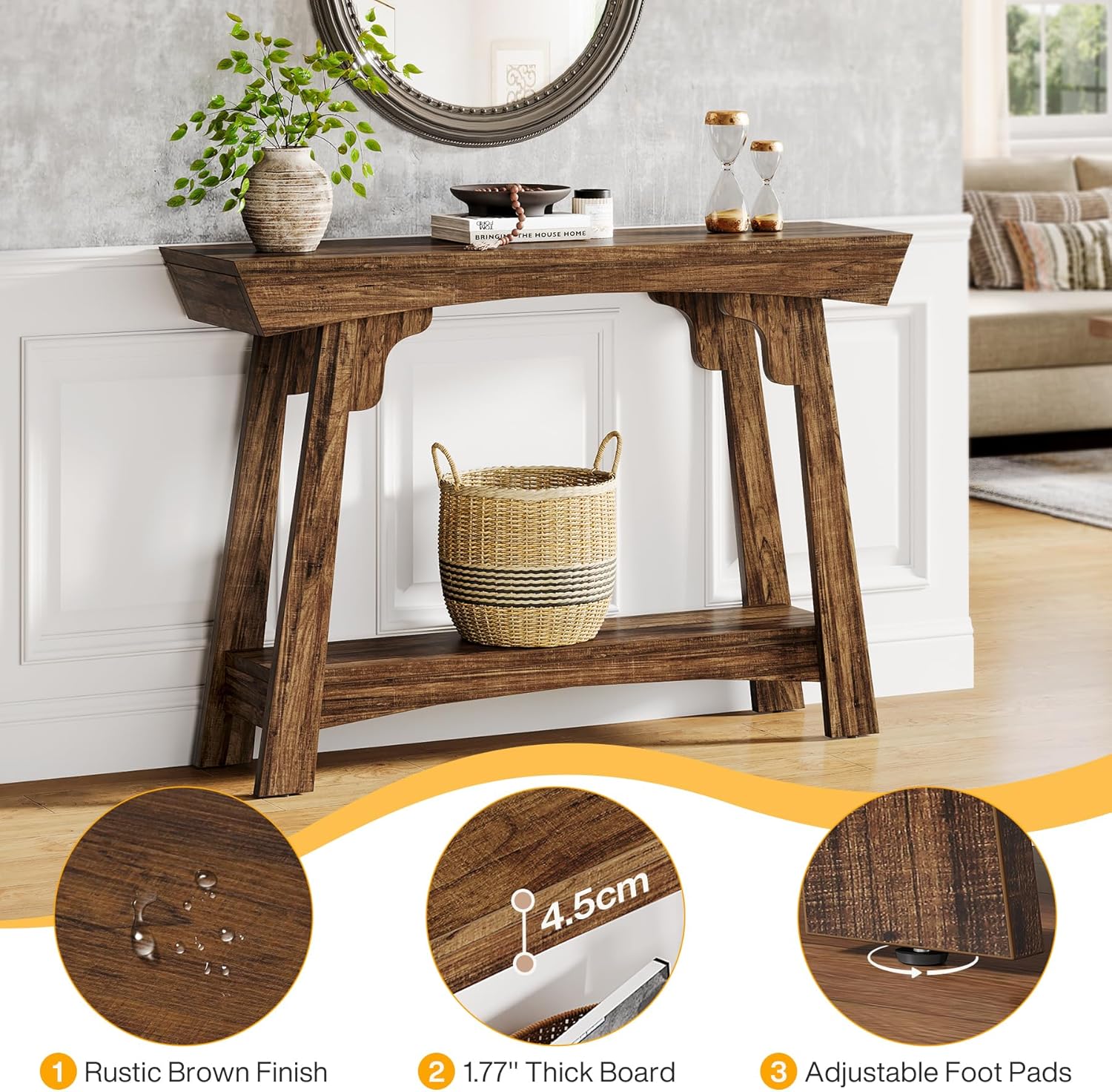 Console Tribesigns 105 cm avec rangement, table d'entrée en bois à 2 niveaux avec étagère, table de canapé étroite de style ferme derrière le canapé - 6