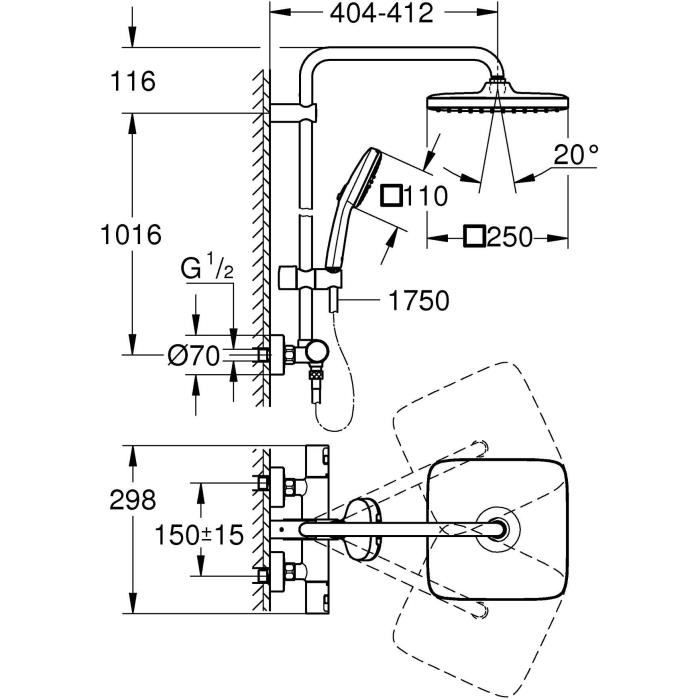 Colonne de douche avec mitigeur thermostatique - Economie d'eau - GROHE Vitalio Comfort 250 - Chromé - 26696001 - 3