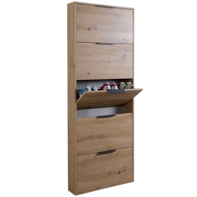 Scarpiera Salvaspazio 5 Ante Ribalta Ripiani Mobile in Legno da Ingresso Design Moderno Slim, Portascarpe cm 65x15x173, Rovere - ZIK