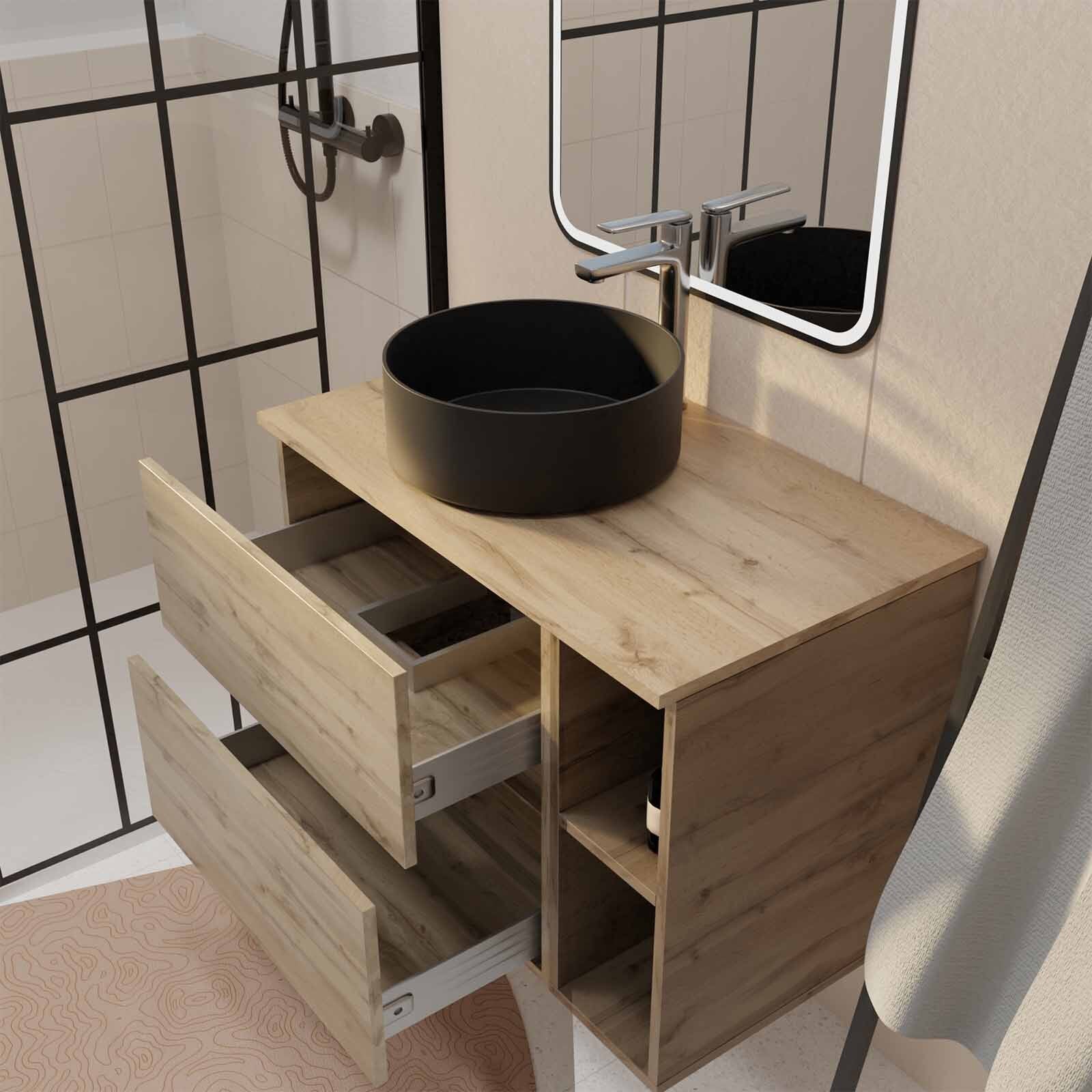 Meuble salle de bains 80 TIMBER Décor Chêne Tiroirs + Module - Vasque et Miroir 60x80 LED bord Noir - 2