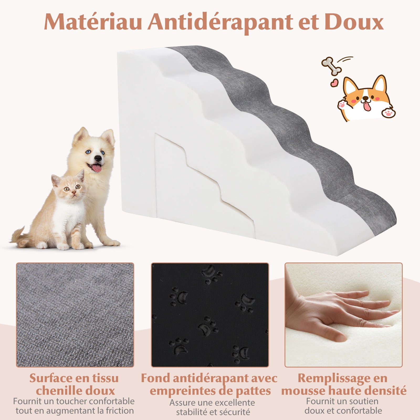 Rampa para Perros de Espuma de 5 Niveles, 56 cm Escalera para Mascotas Extraíble y Lavable, Escalones para Perros de Espuma, 2 Rampas para Sub - 3